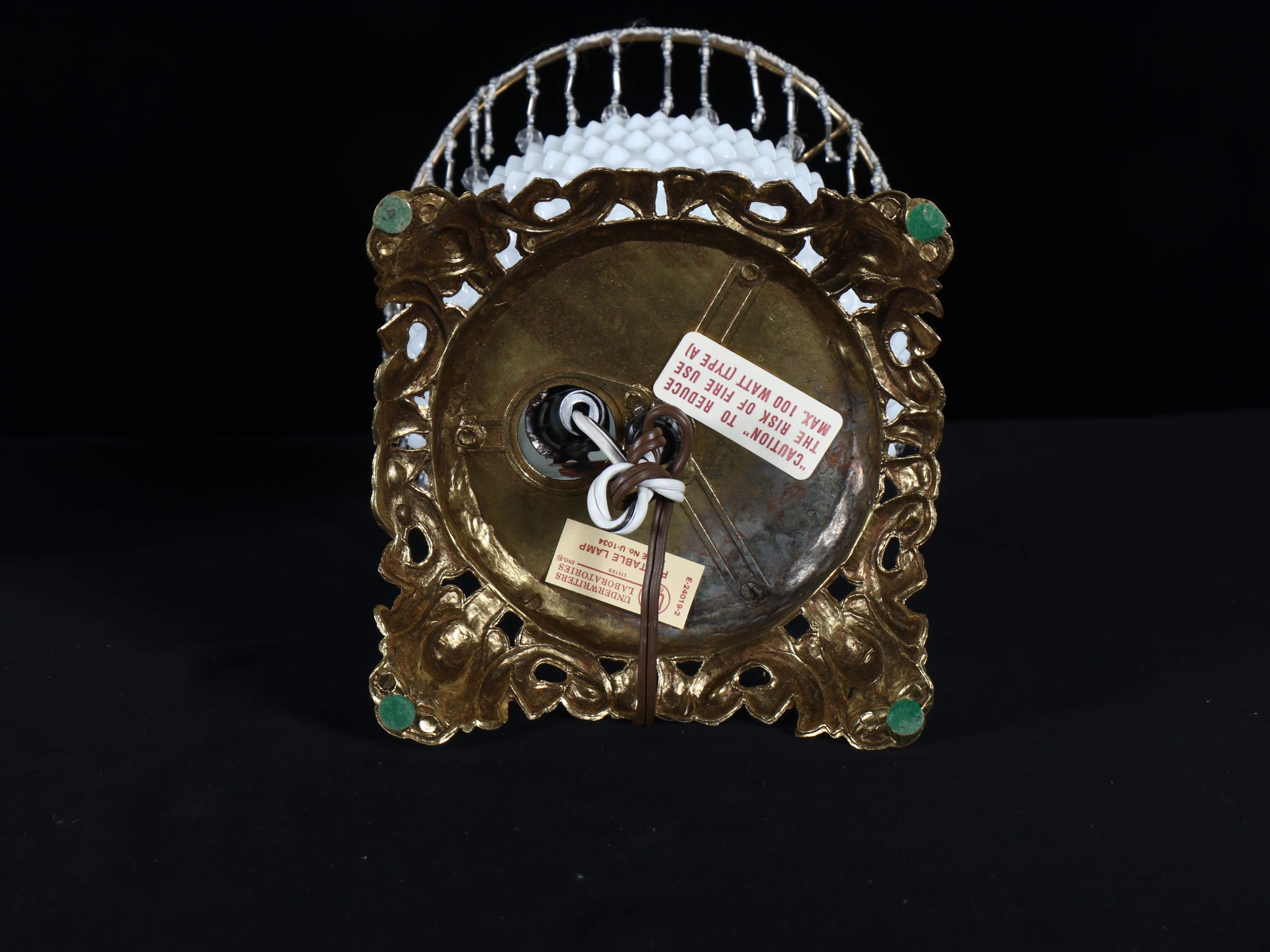 Victorian Style Hobnail Milk Glass Table Lamp with Brass Base and Beaded Decals