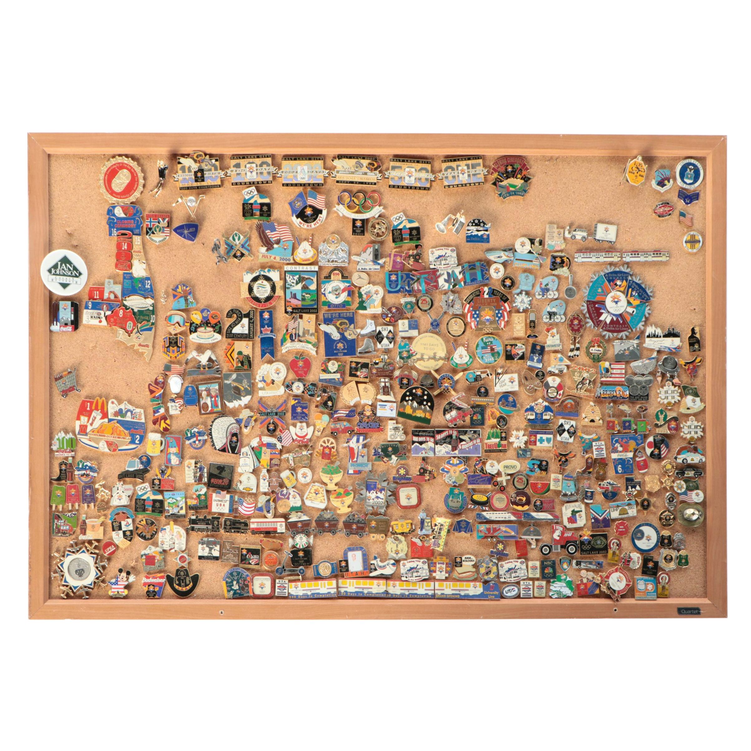 Vintage Olympic and Other Themed Enamel Pinback Collection on Cork Board