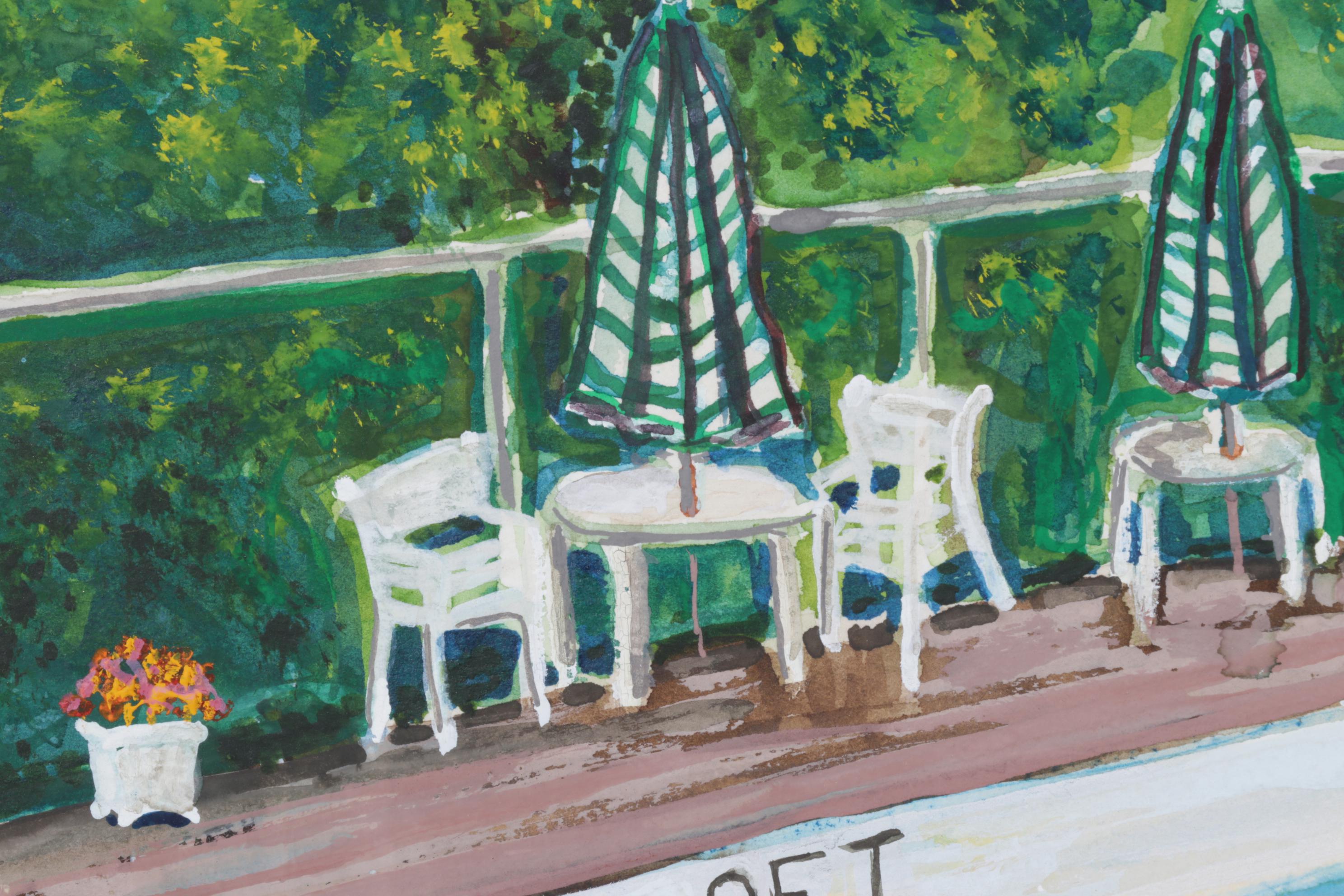Nancy Mulick Watercolor Painting of Pool and Patio Furniture, 1999