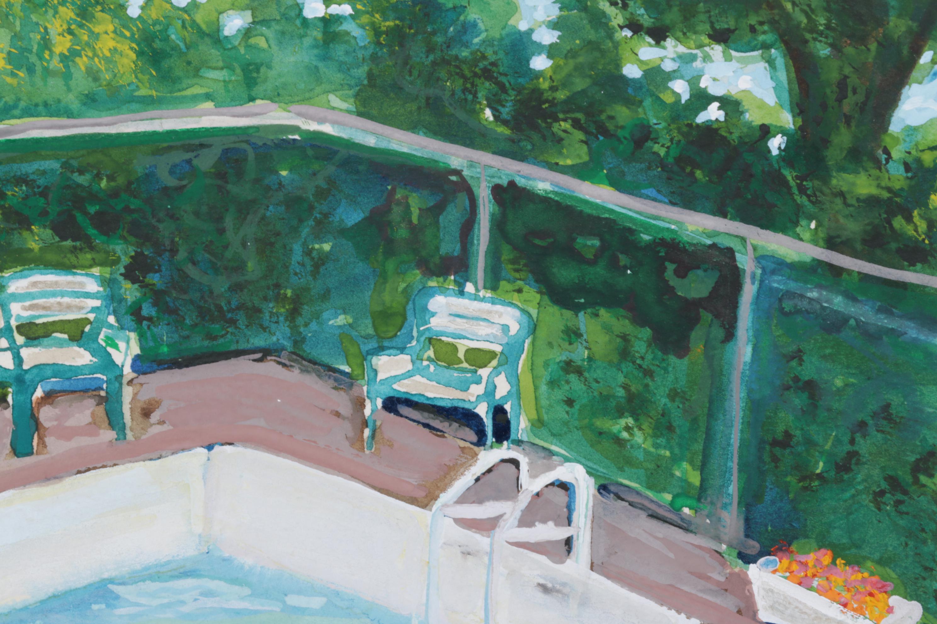 Nancy Mulick Watercolor Painting of Pool and Patio Furniture, 1999