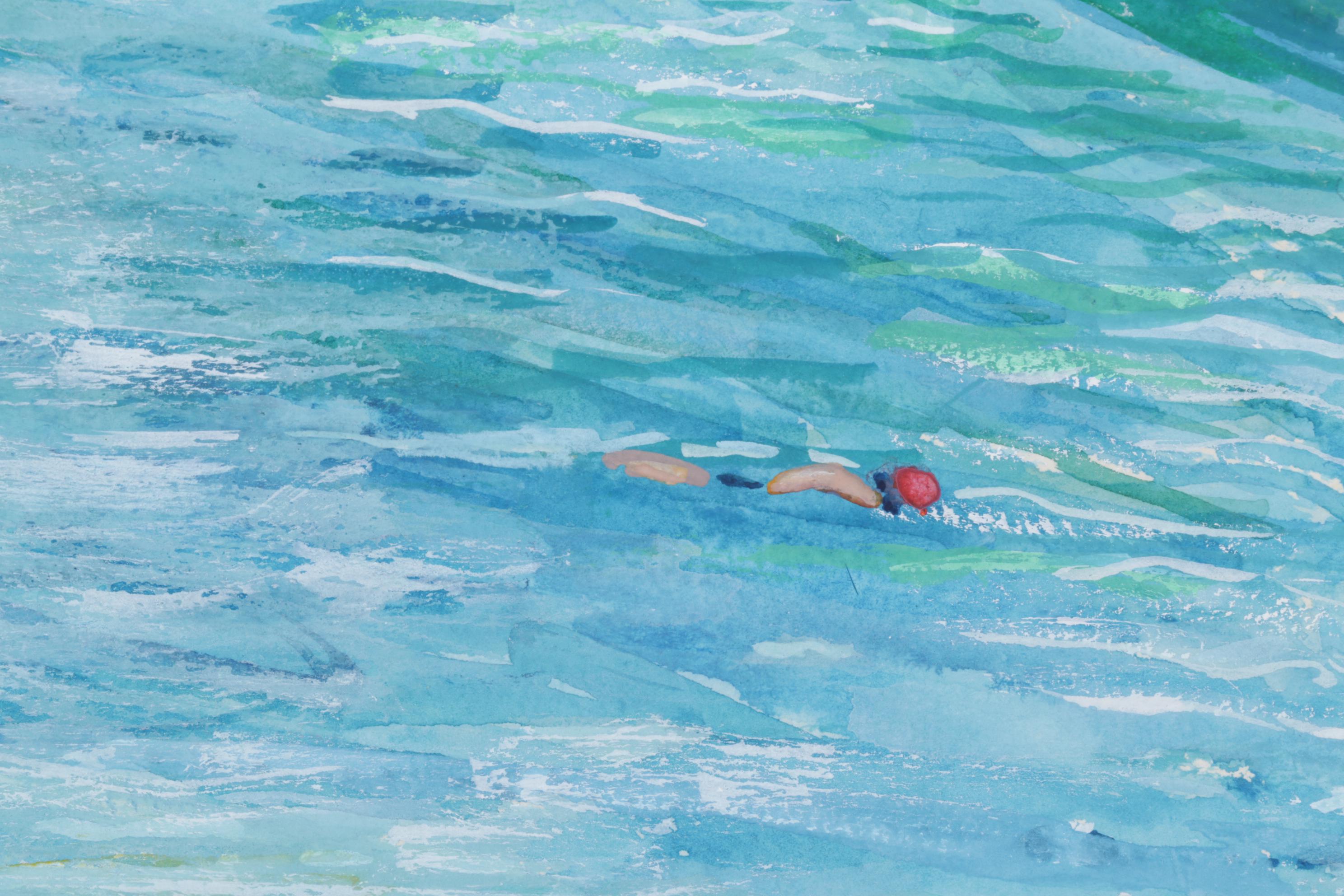 Nancy Mulick Watercolor Painting of Pool and Patio Furniture, 1999