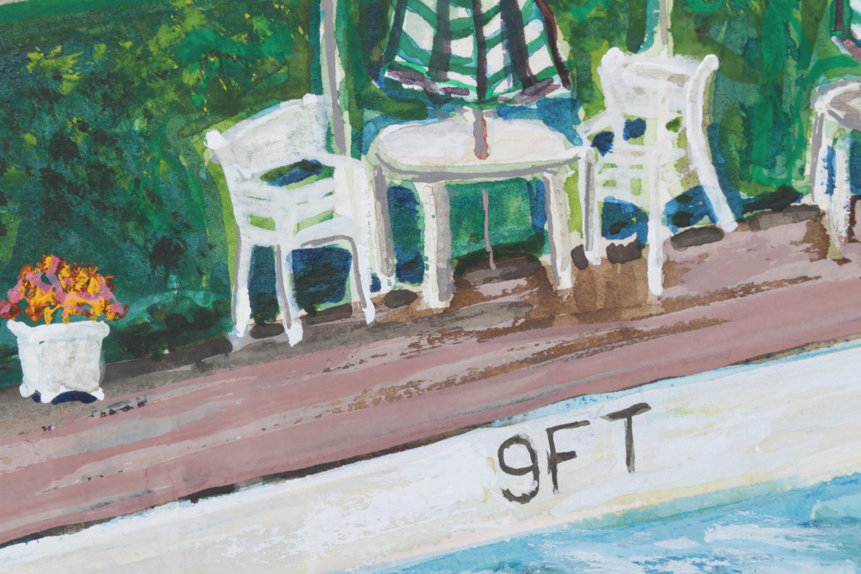 Nancy Mulick Watercolor Painting of Pool and Patio Furniture, 1999
