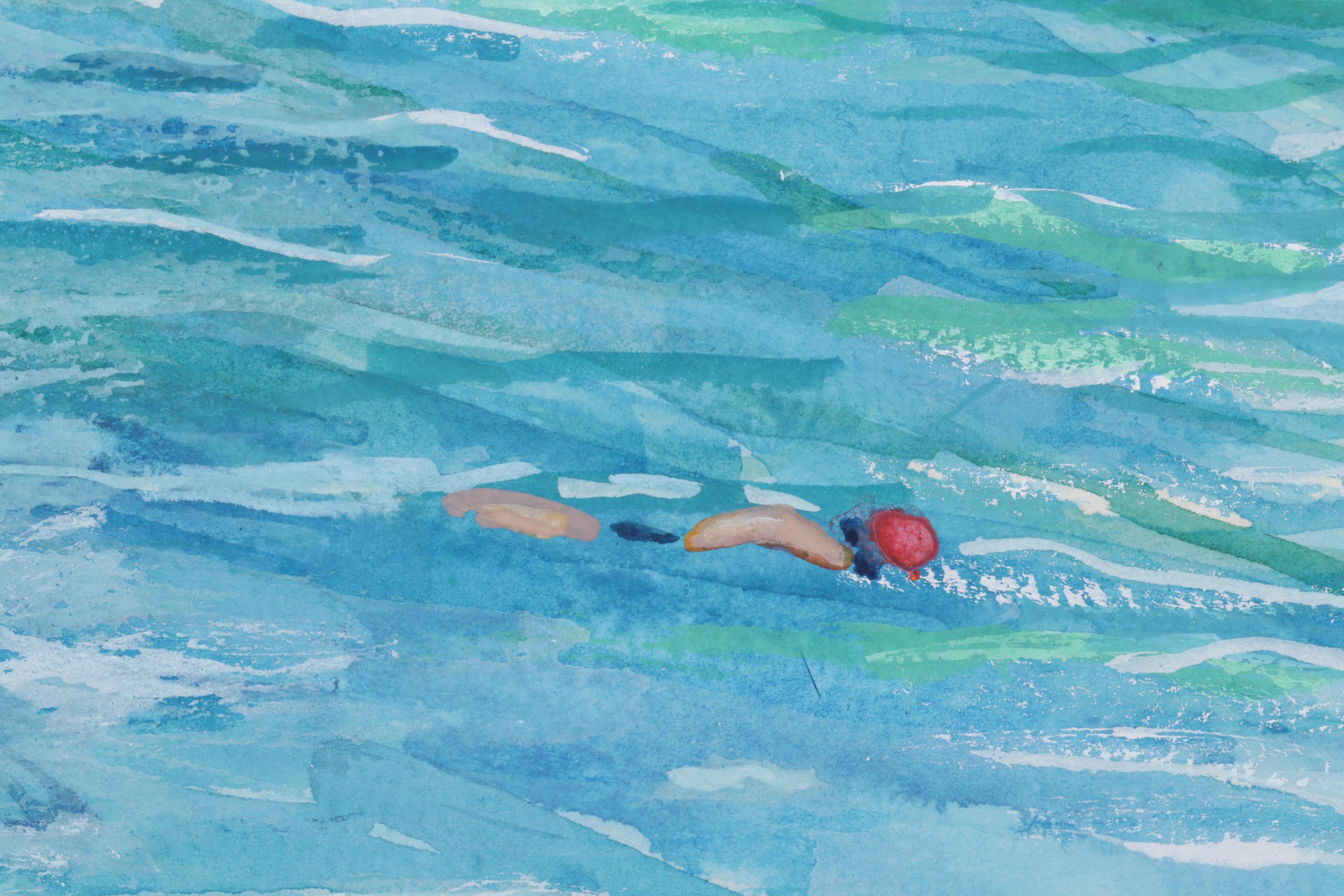 Nancy Mulick Watercolor Painting of Pool and Patio Furniture, 1999