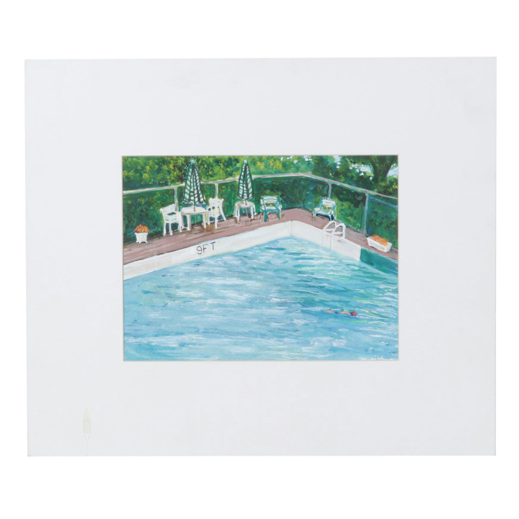 Nancy Mulick Watercolor Painting of Pool and Patio Furniture, 1999