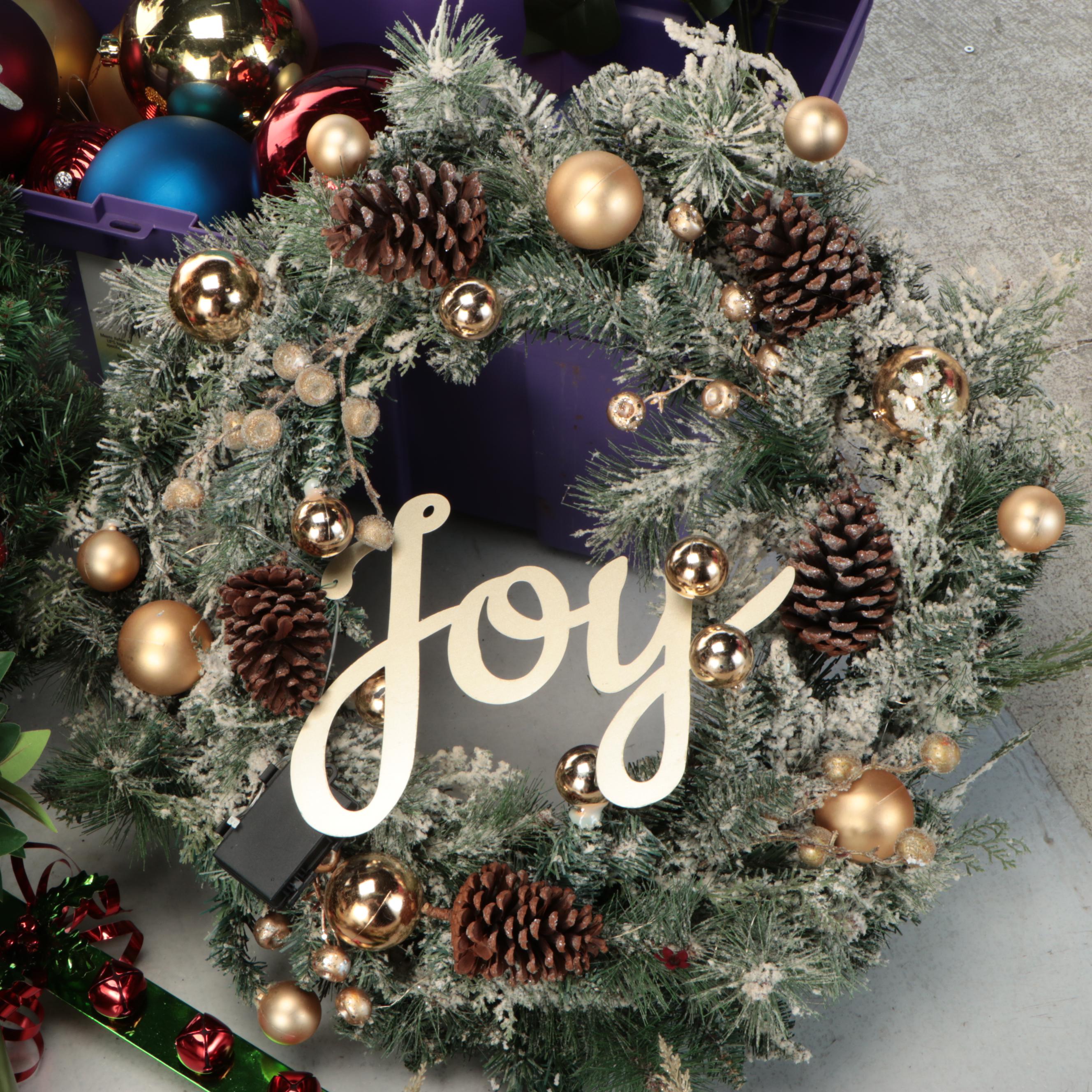 Christmas Decor Collection Featuring "Joy" and Pinecone Wreath