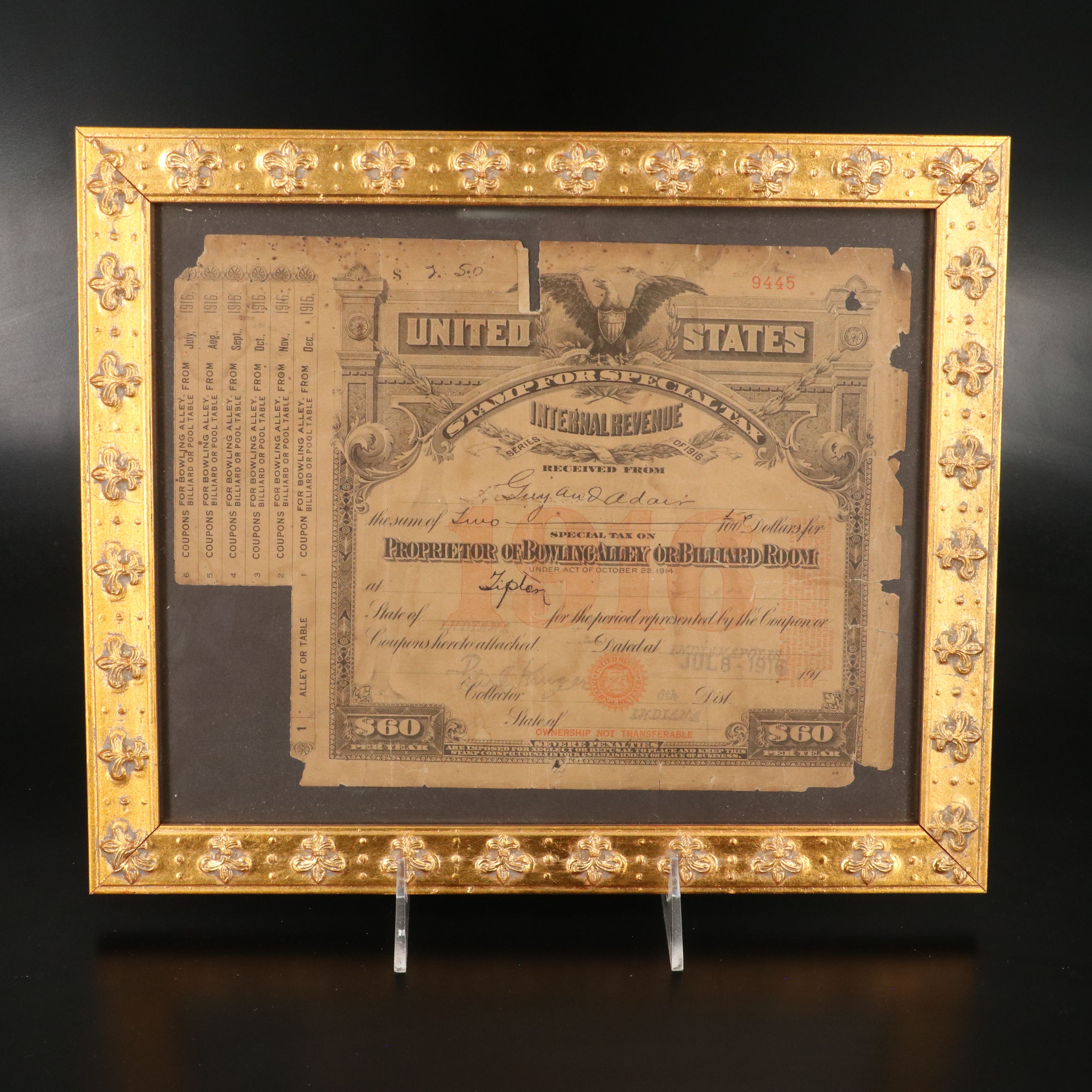 1916 United States Internal Revenue Special Tax Stamp with Coupons