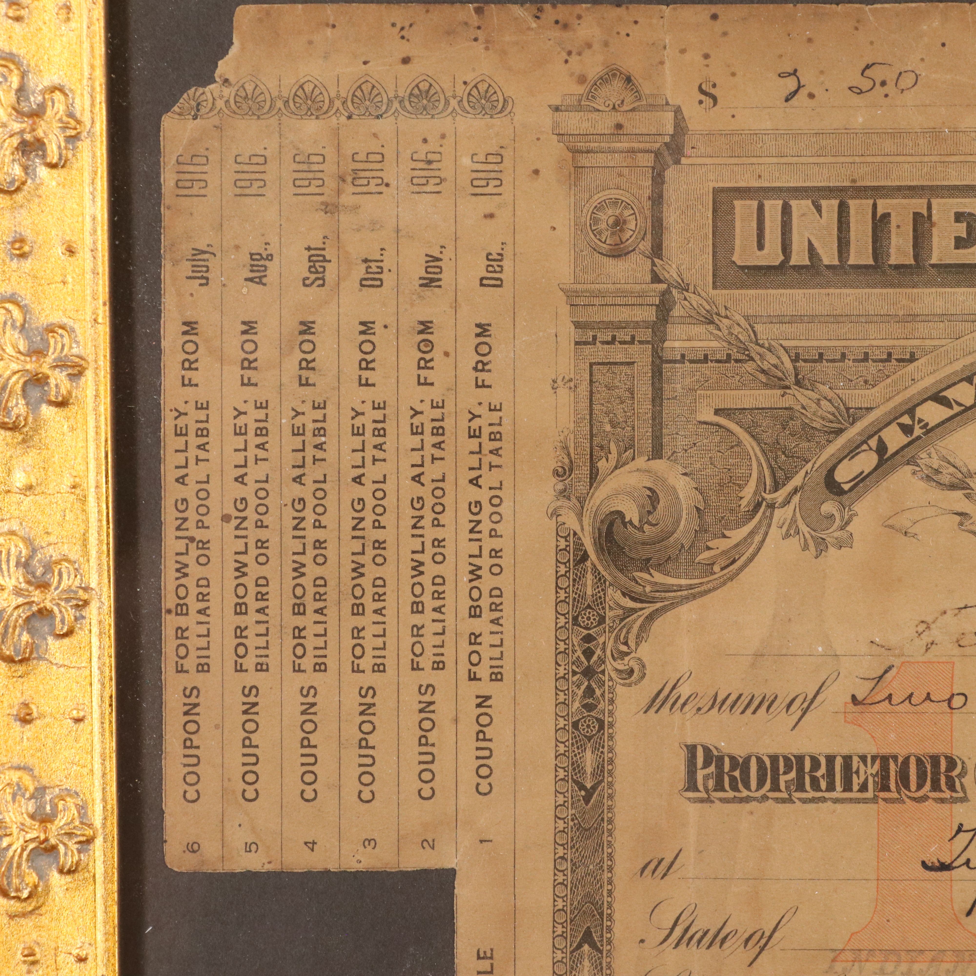 1916 United States Internal Revenue Special Tax Stamp with Coupons