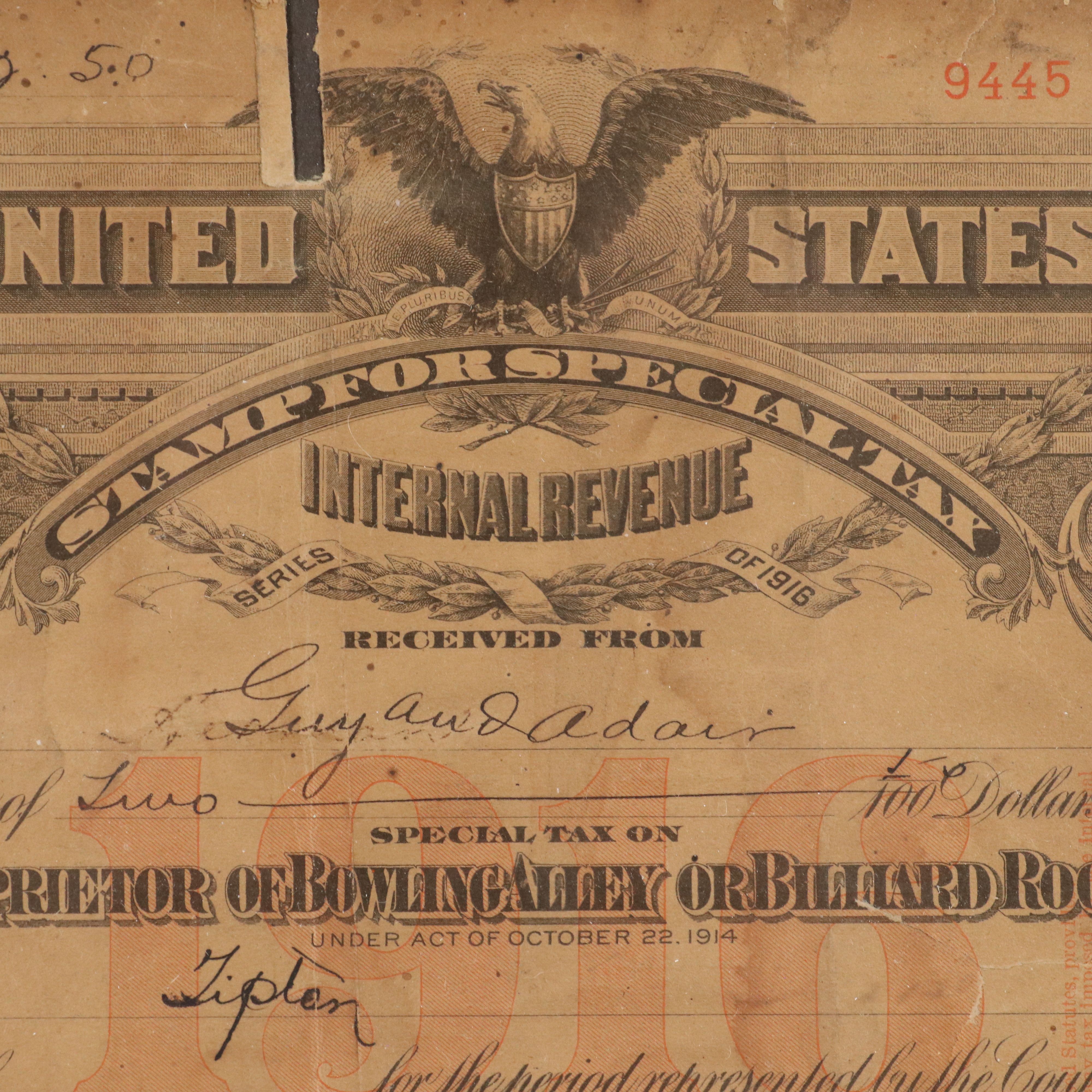 1916 United States Internal Revenue Special Tax Stamp with Coupons