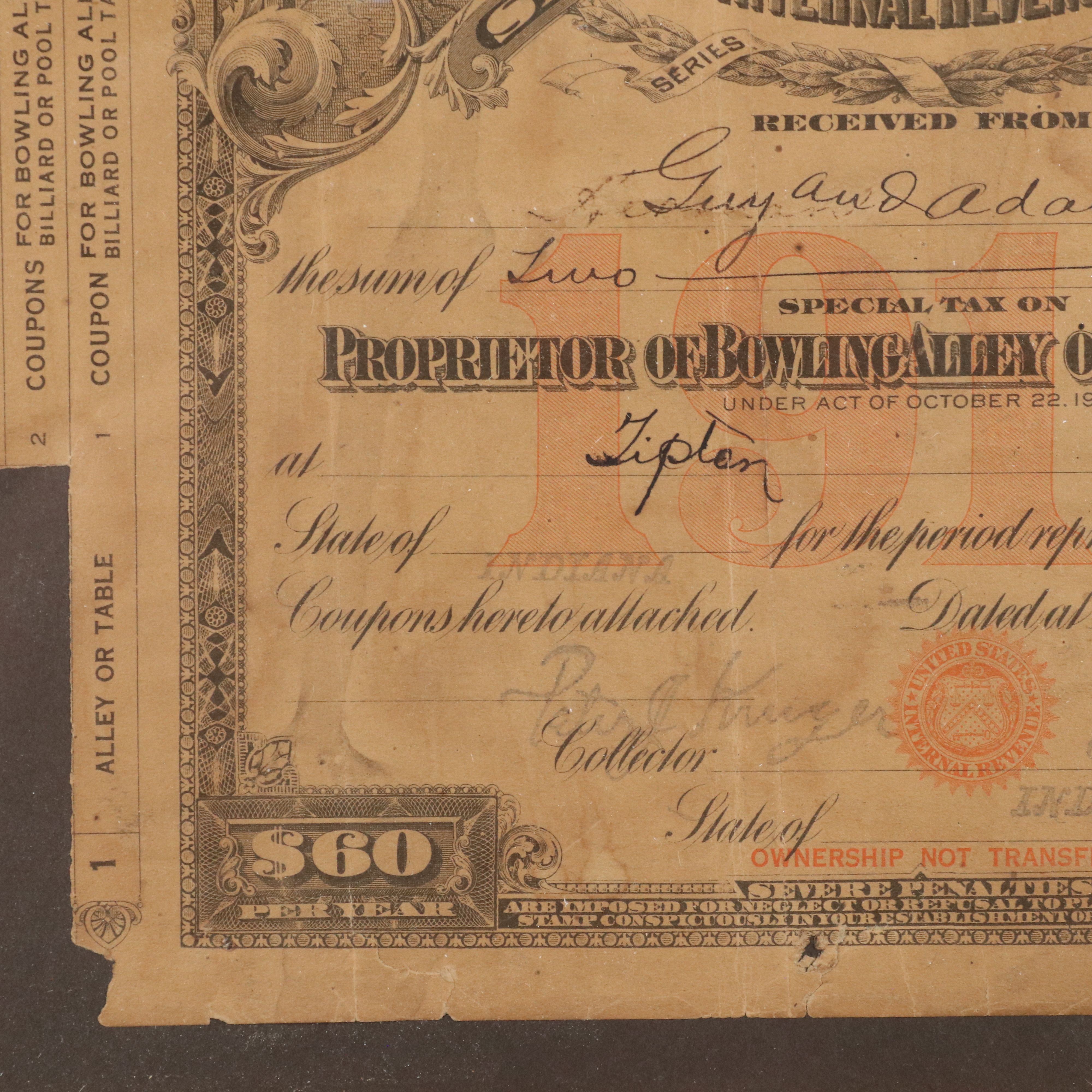 1916 United States Internal Revenue Special Tax Stamp with Coupons