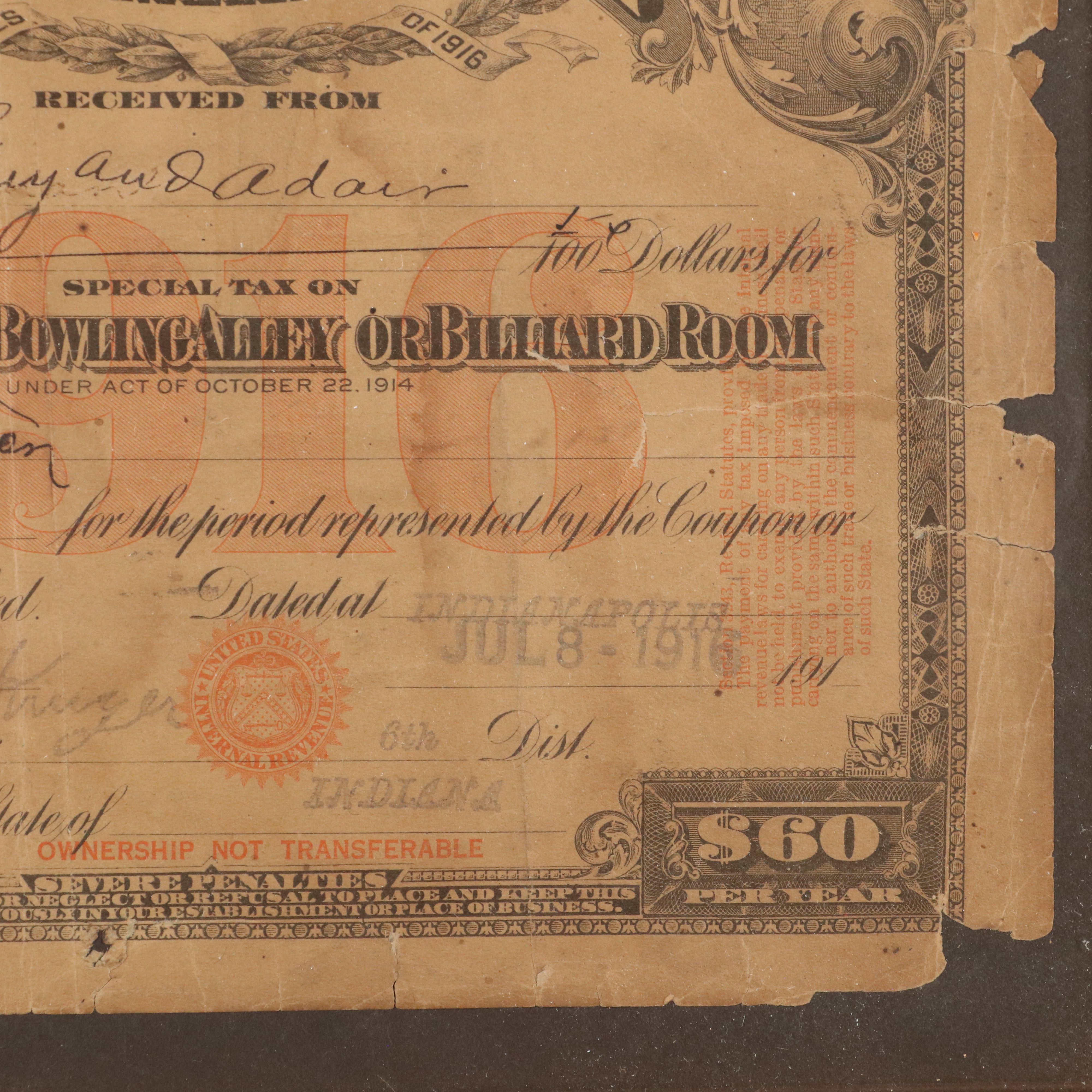 1916 United States Internal Revenue Special Tax Stamp with Coupons