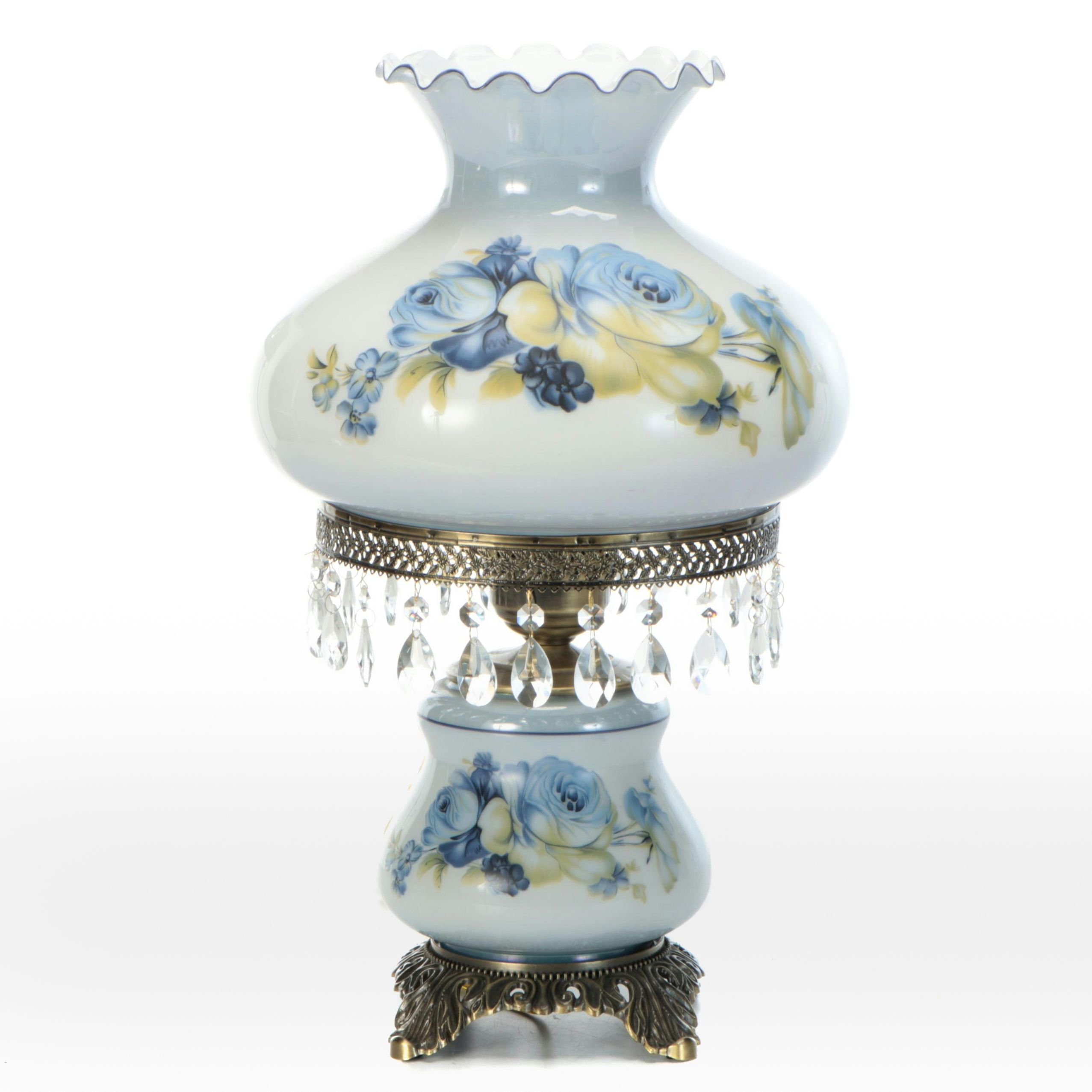 Hand-Painted Blue Roses on Milk Glass Table Lamp