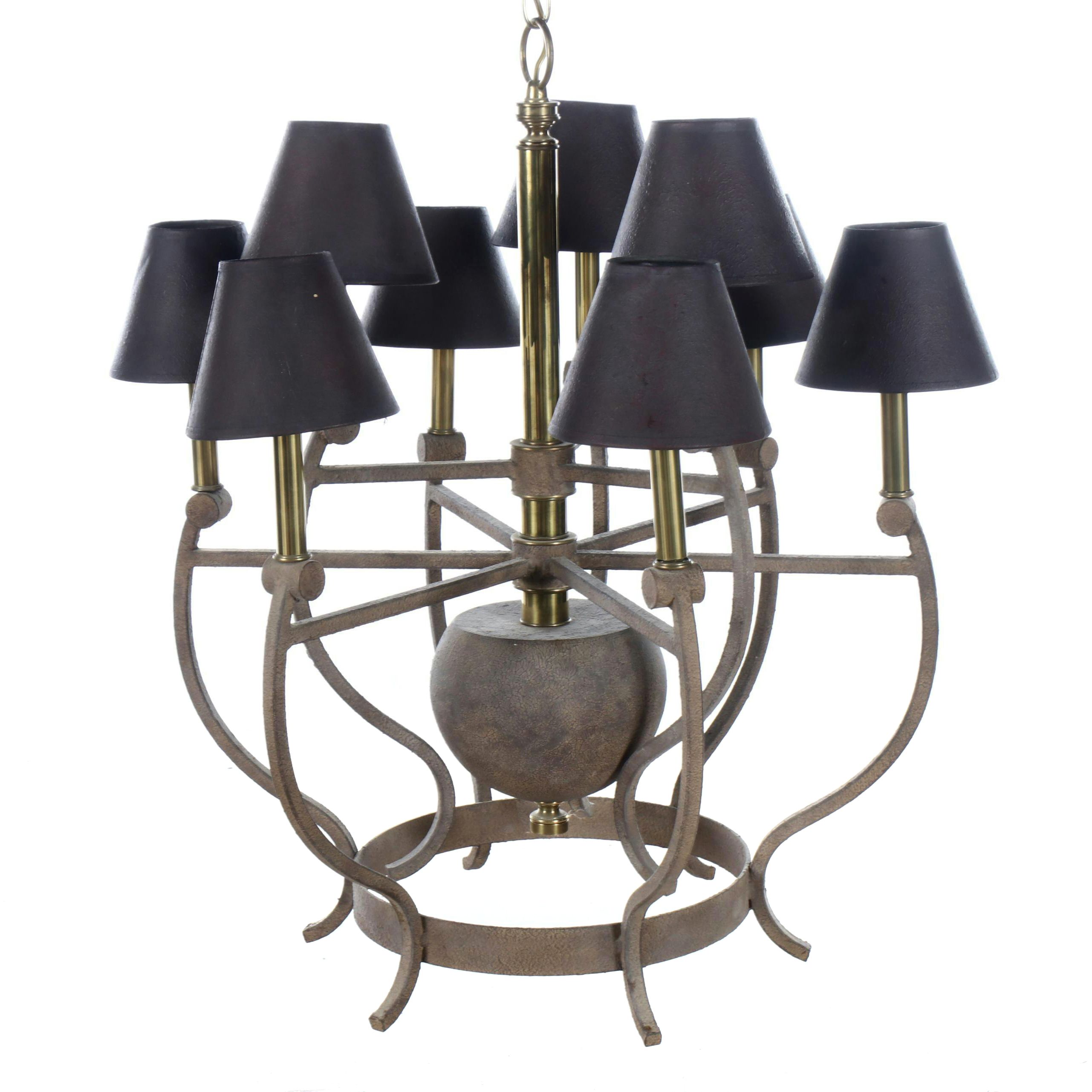 Contemporary Bronze Finish Nine-Arm Chandelier with Black Clip-On Shades