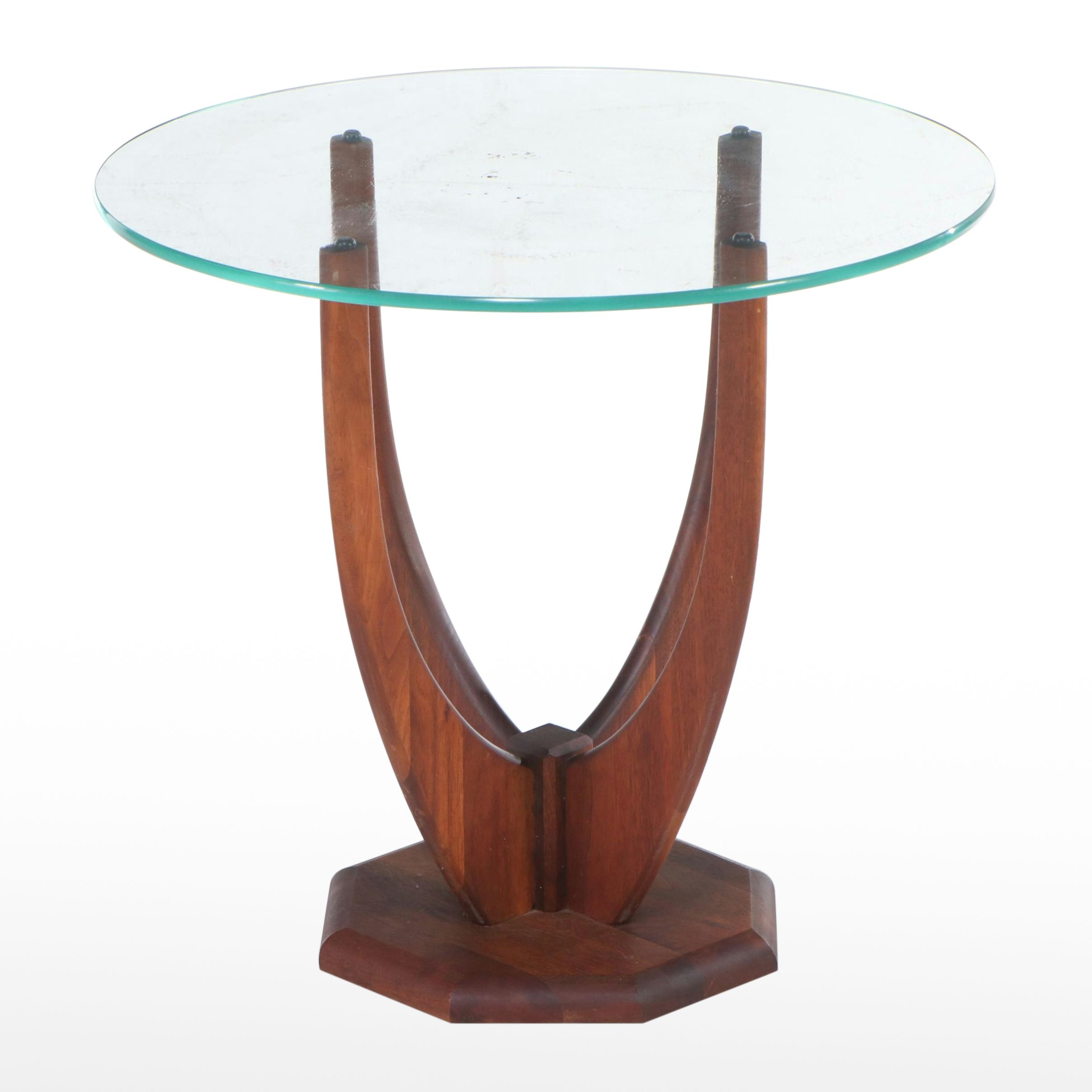 Mid Century Modern Round Walnut Glass Top Accent Table
