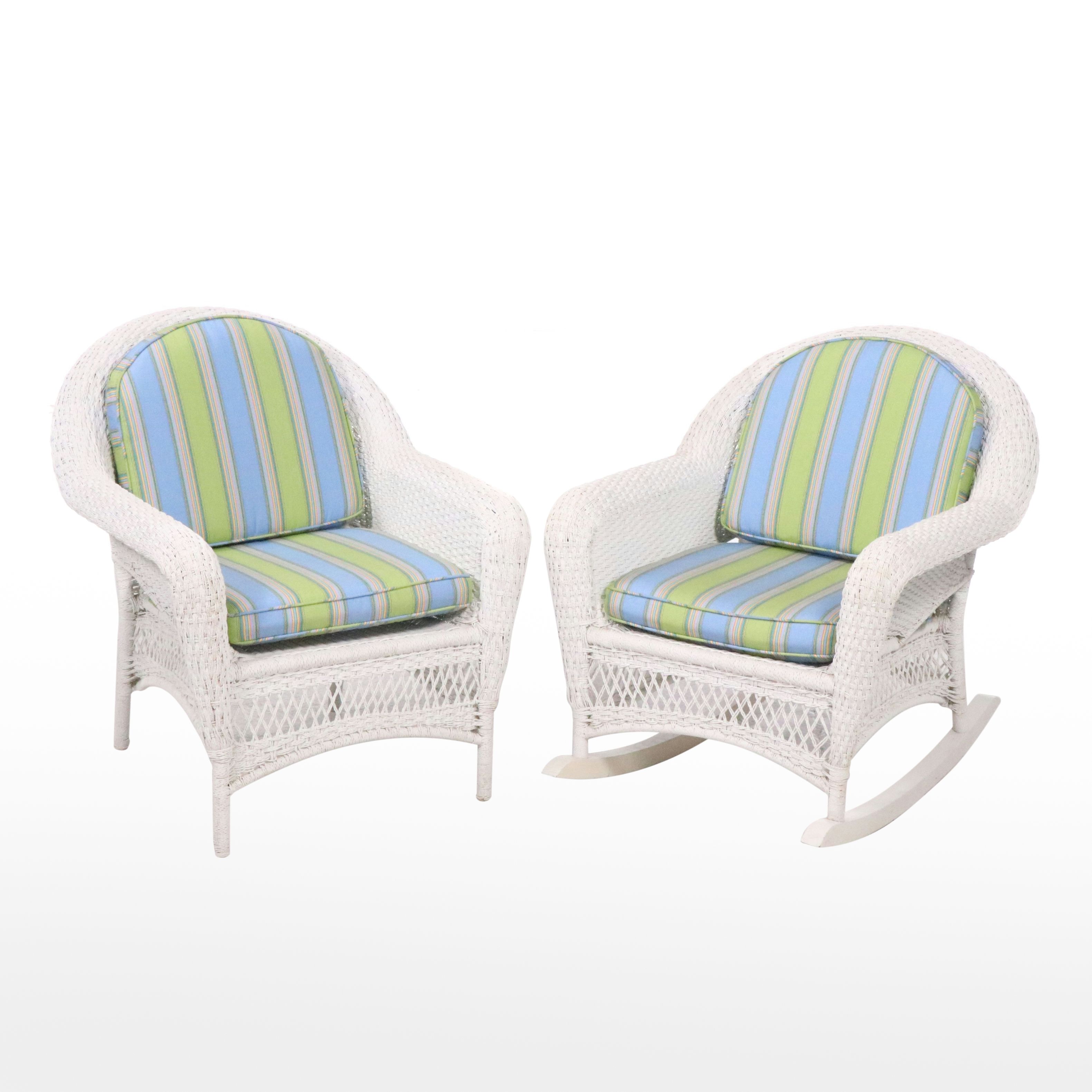 White-Painted Twisted Cord Wicker Rocking Chair and Lounge Chair