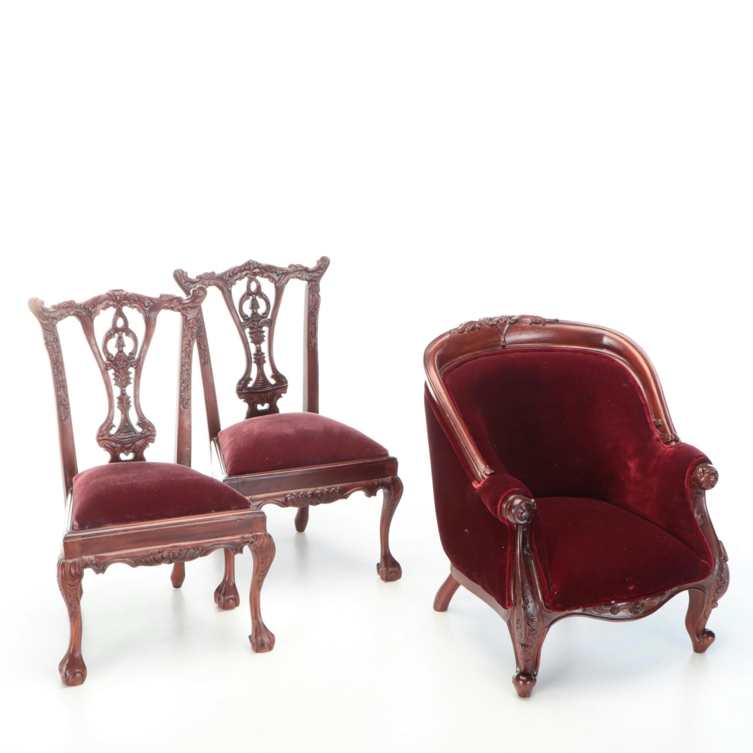 Victorian Style Children's Velvet Armchair with Side Chairs