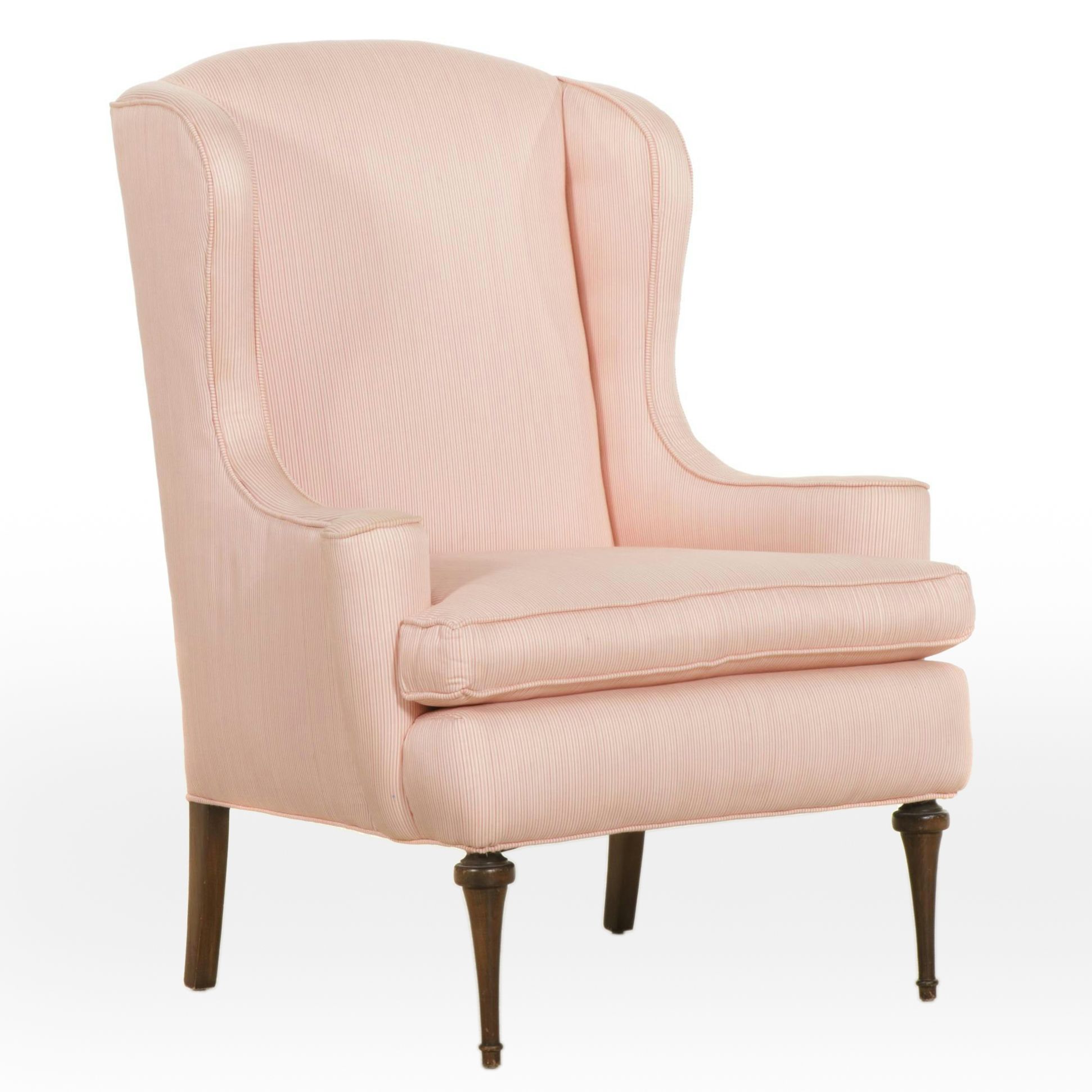 Pink Cotton Ticking Upholstered Wingback Armchair, Mid-20th Century