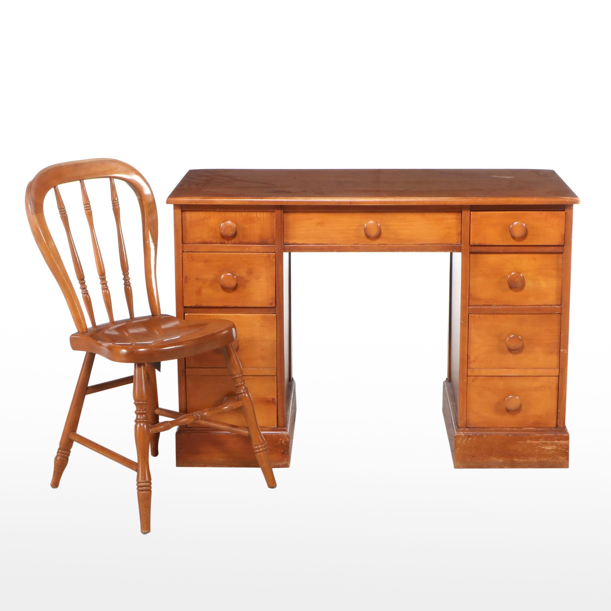 Maple Kneehole Desk with Plank Chair, Mid-20th Century