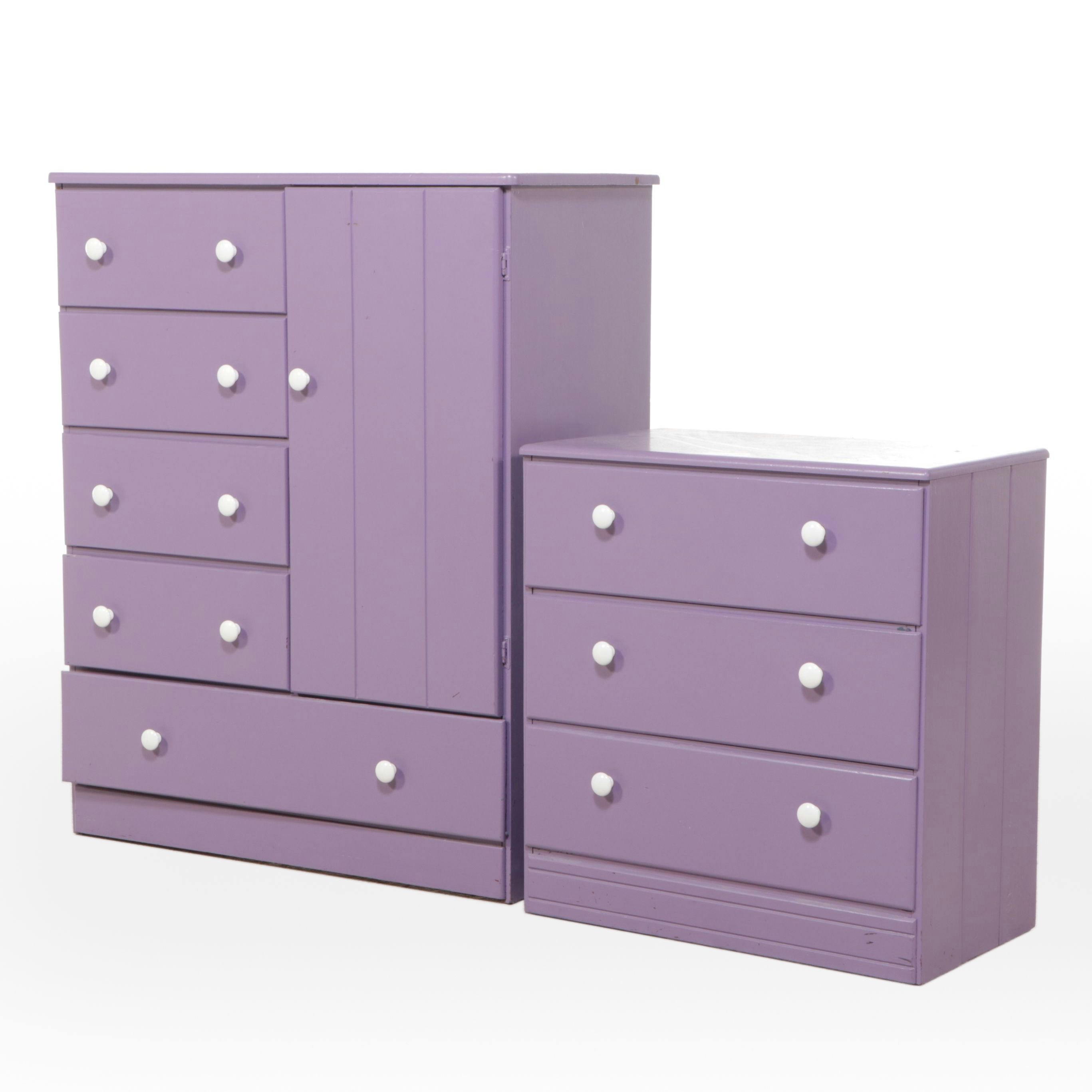 Painted Purple Child's Wardrobe and Three-Drawer Chest