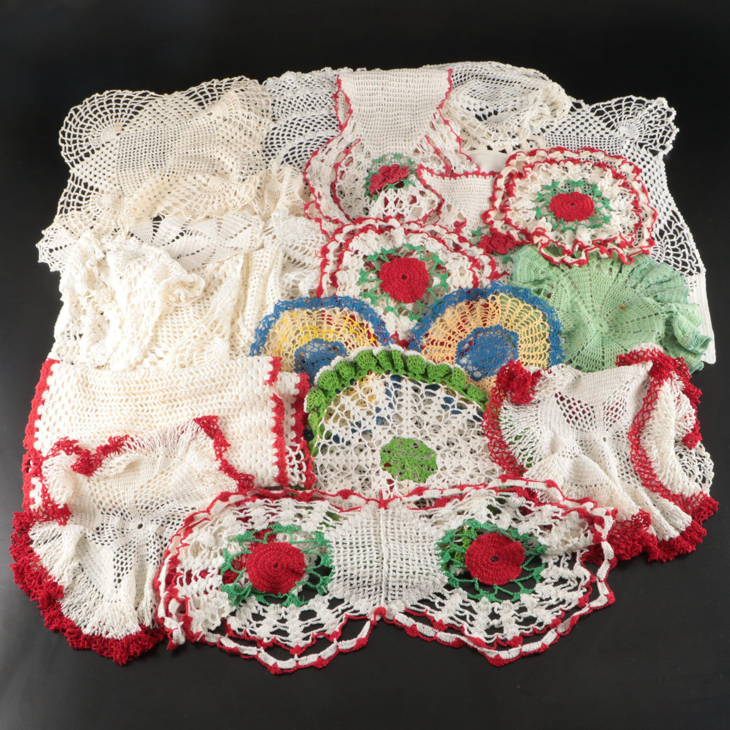 Knitted Cotton Placemats, Dollies, and Runner with Cardboard Storage Boxes
