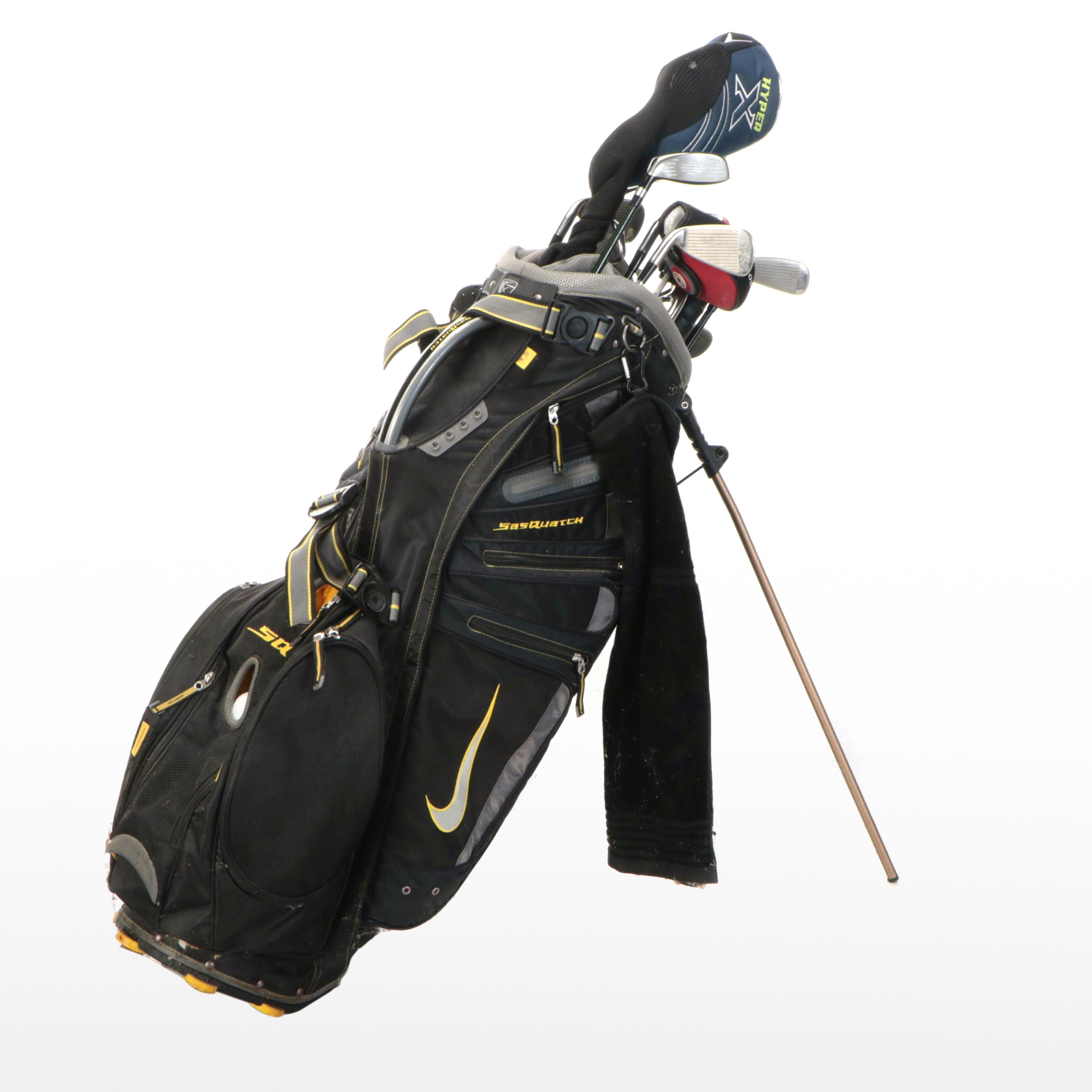 Nike SQ Golf Bag with Cleveland, Warrior, and Hibore Golf Clubs