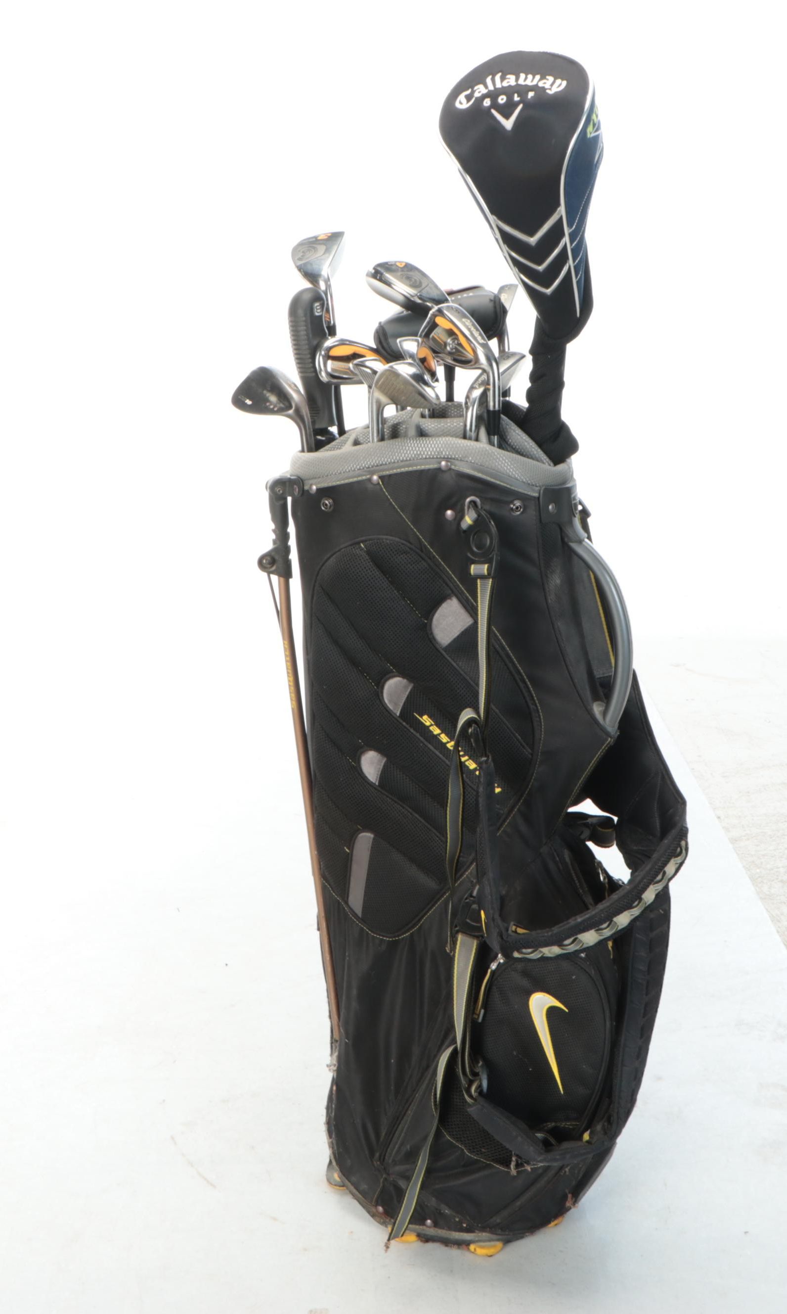 Nike SQ Golf Bag with Cleveland, Warrior, and Hibore Golf Clubs