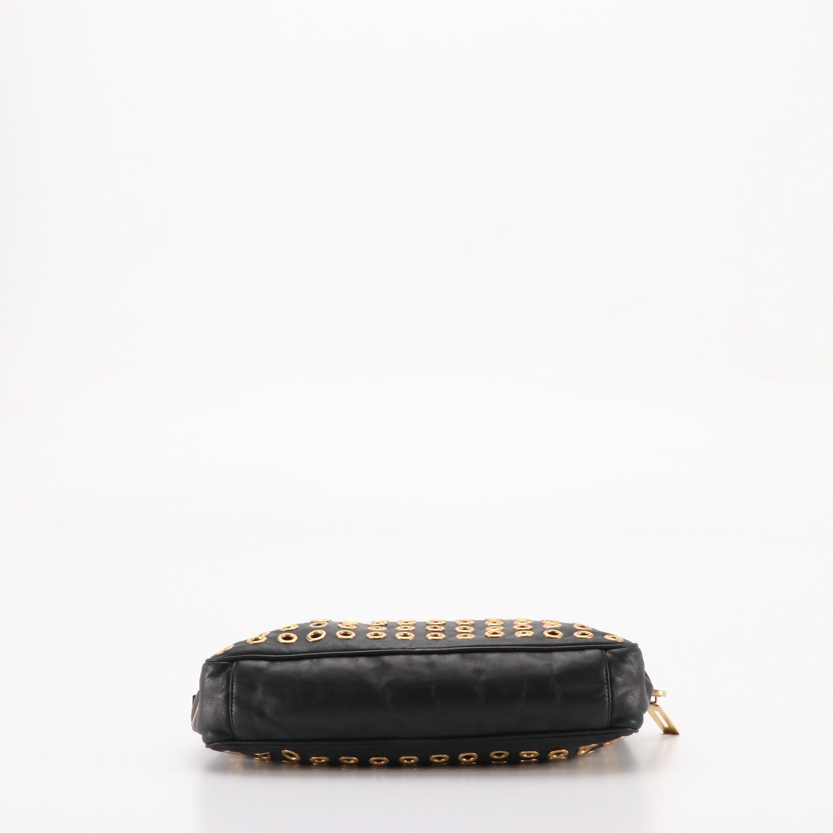 Prada Grommet Embellished Zip-Around Handbag in Black Nappa Leather