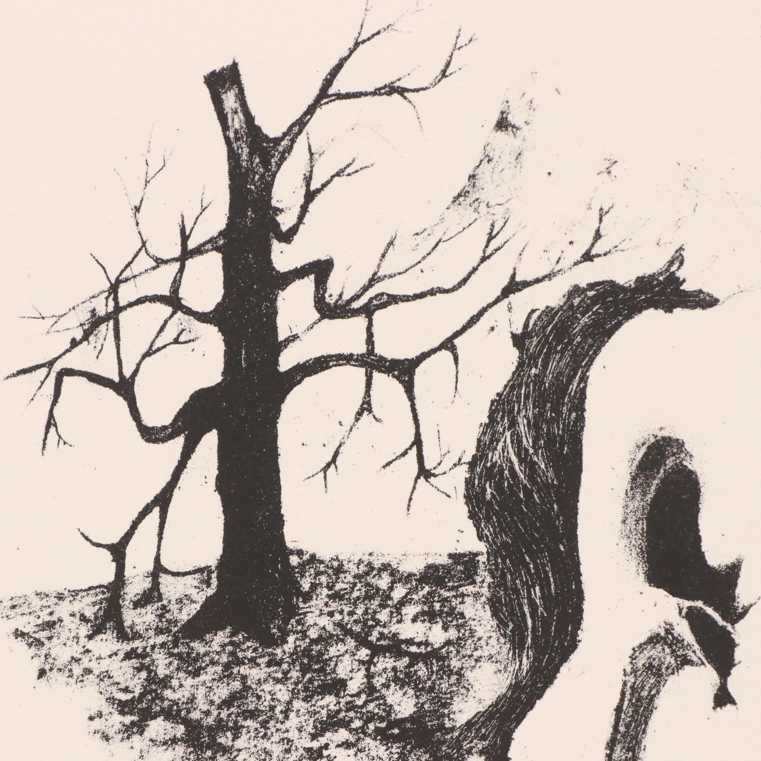 Dewey Mince Surrealist Woodblock of Figure in Landscape