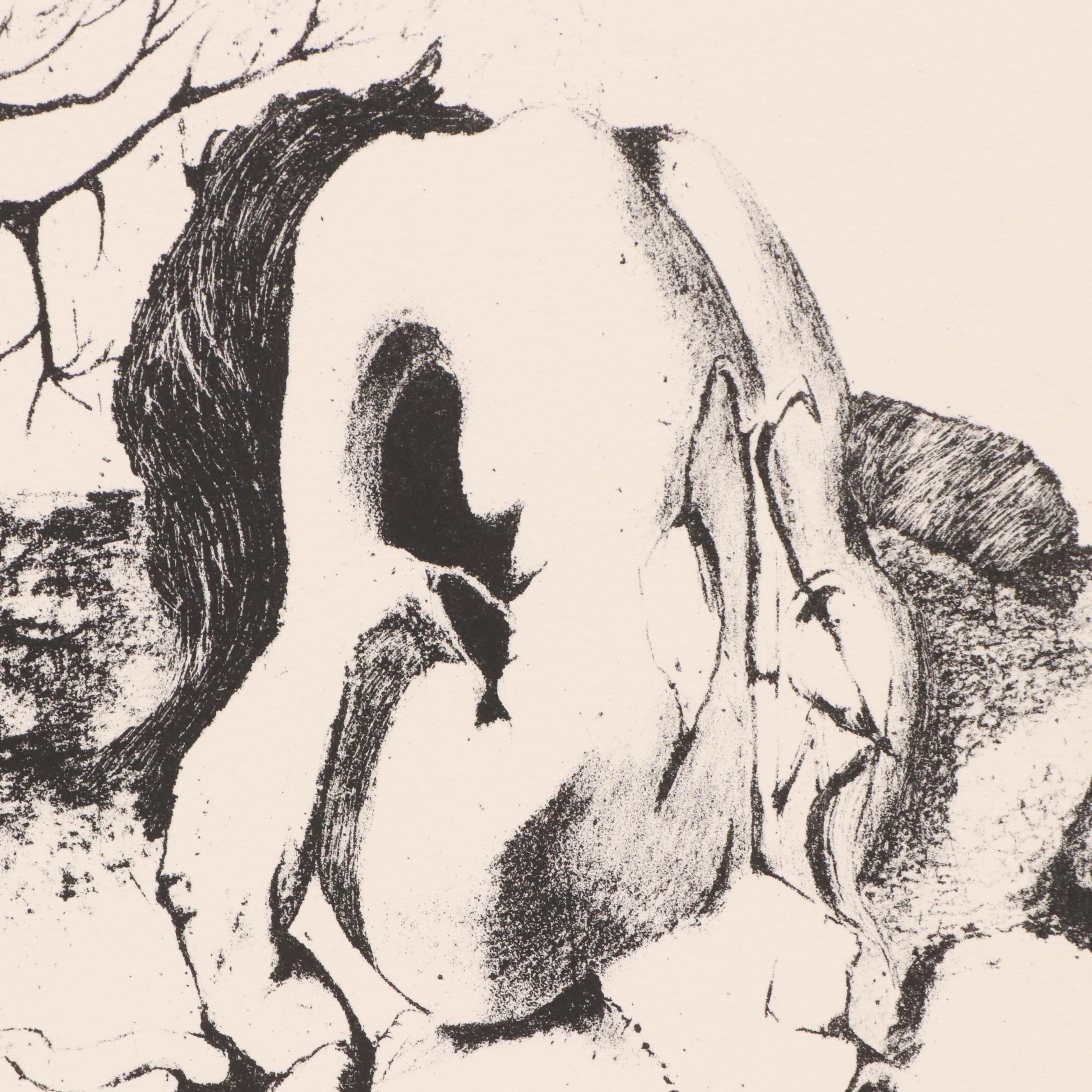 Dewey Mince Surrealist Woodblock of Figure in Landscape