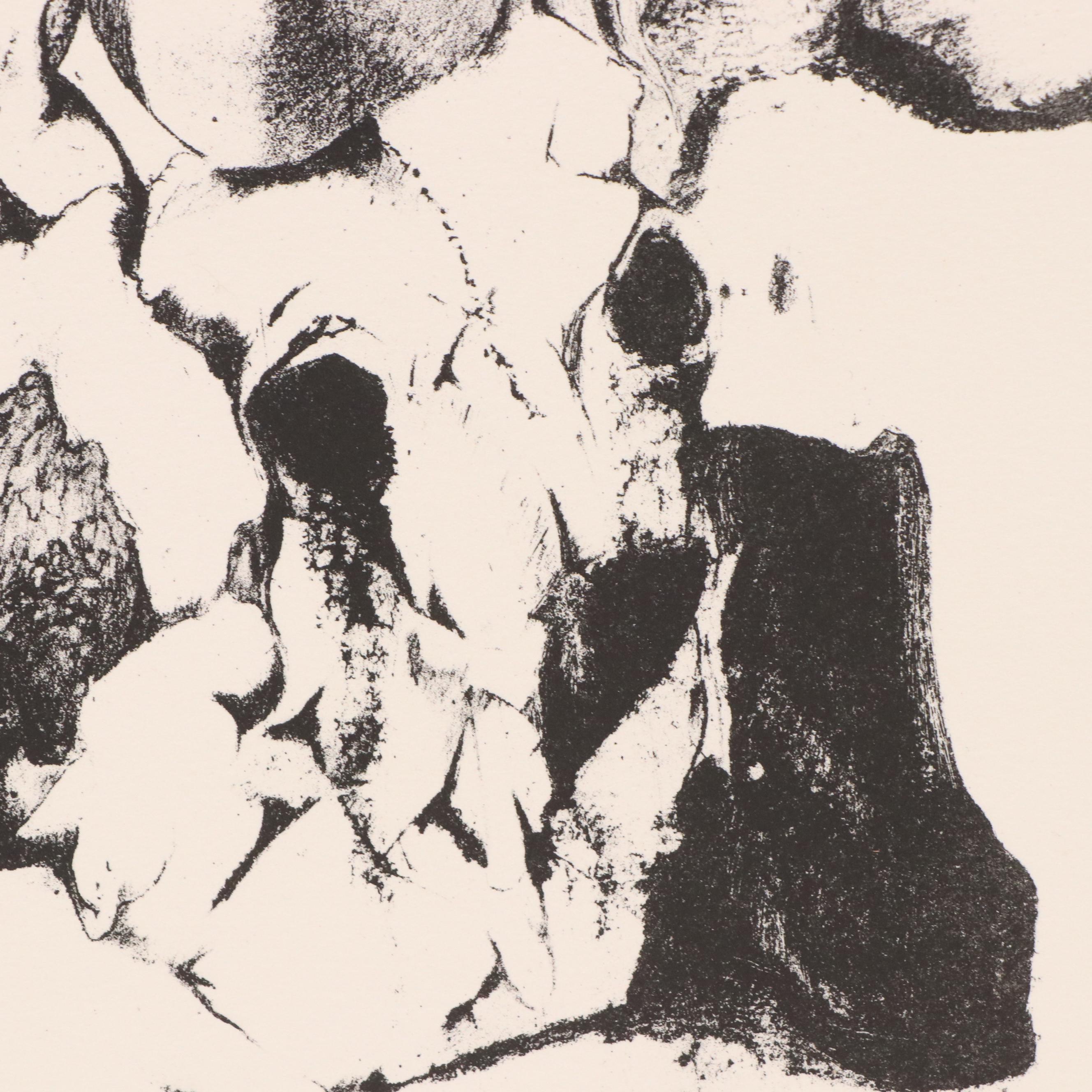 Dewey Mince Surrealist Woodblock of Figure in Landscape