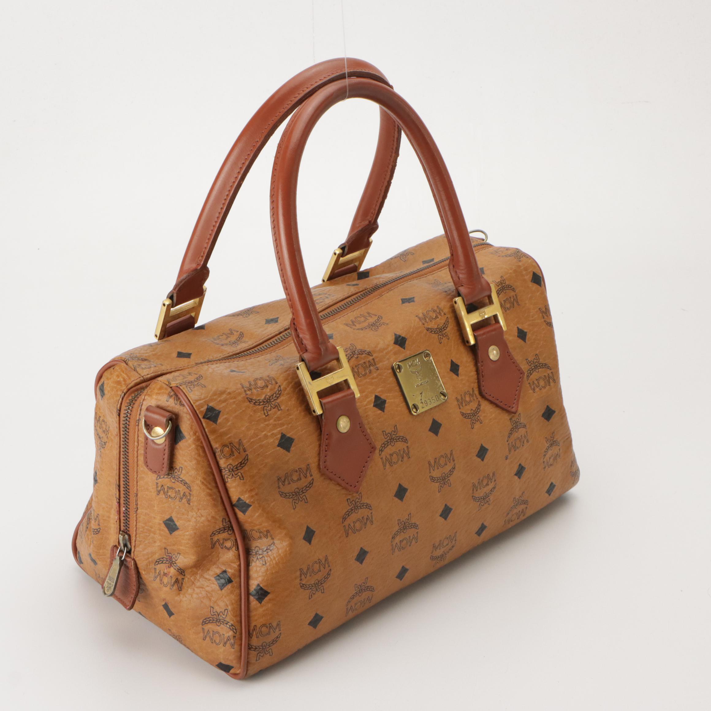 MCM East-West Satchel in Cognac Visetos Canvas with Leather Trim