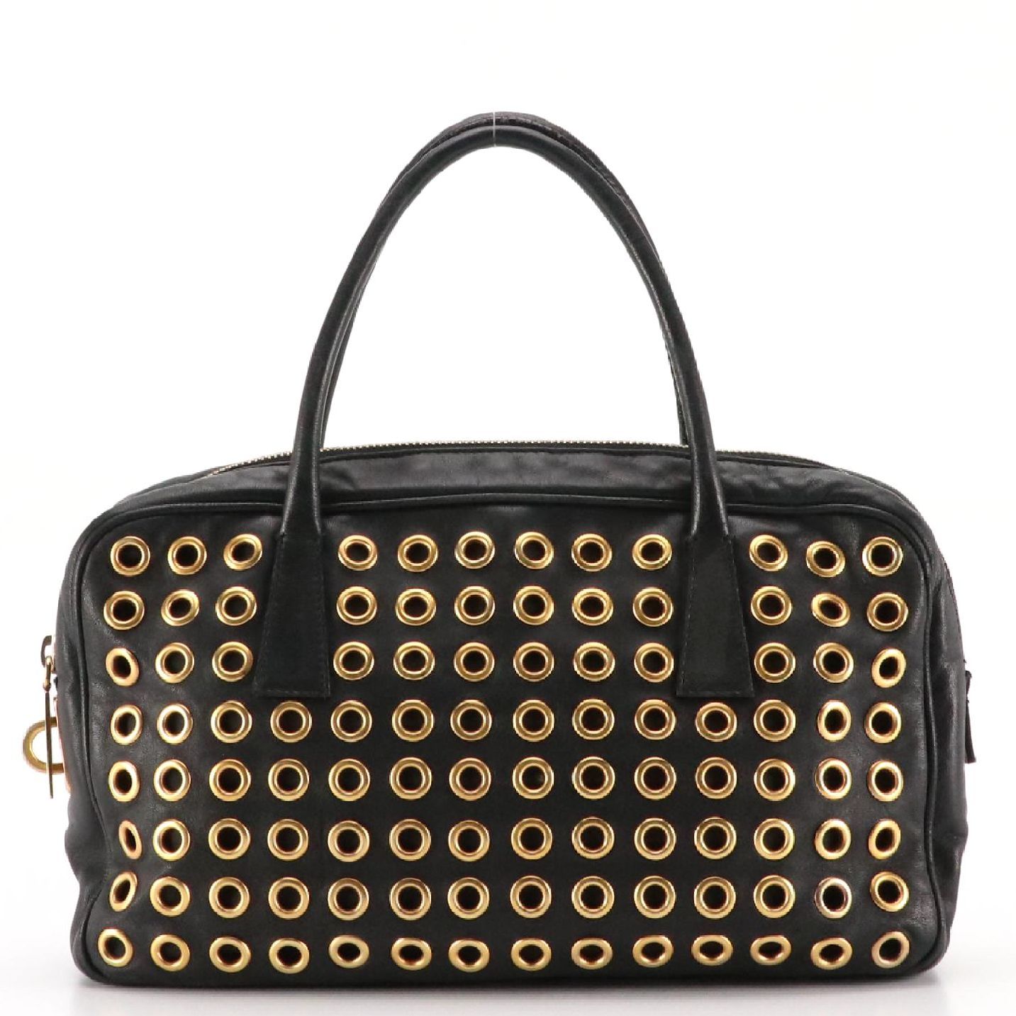 Prada Grommet Embellished Zip-Around Handbag in Black Nappa Leather