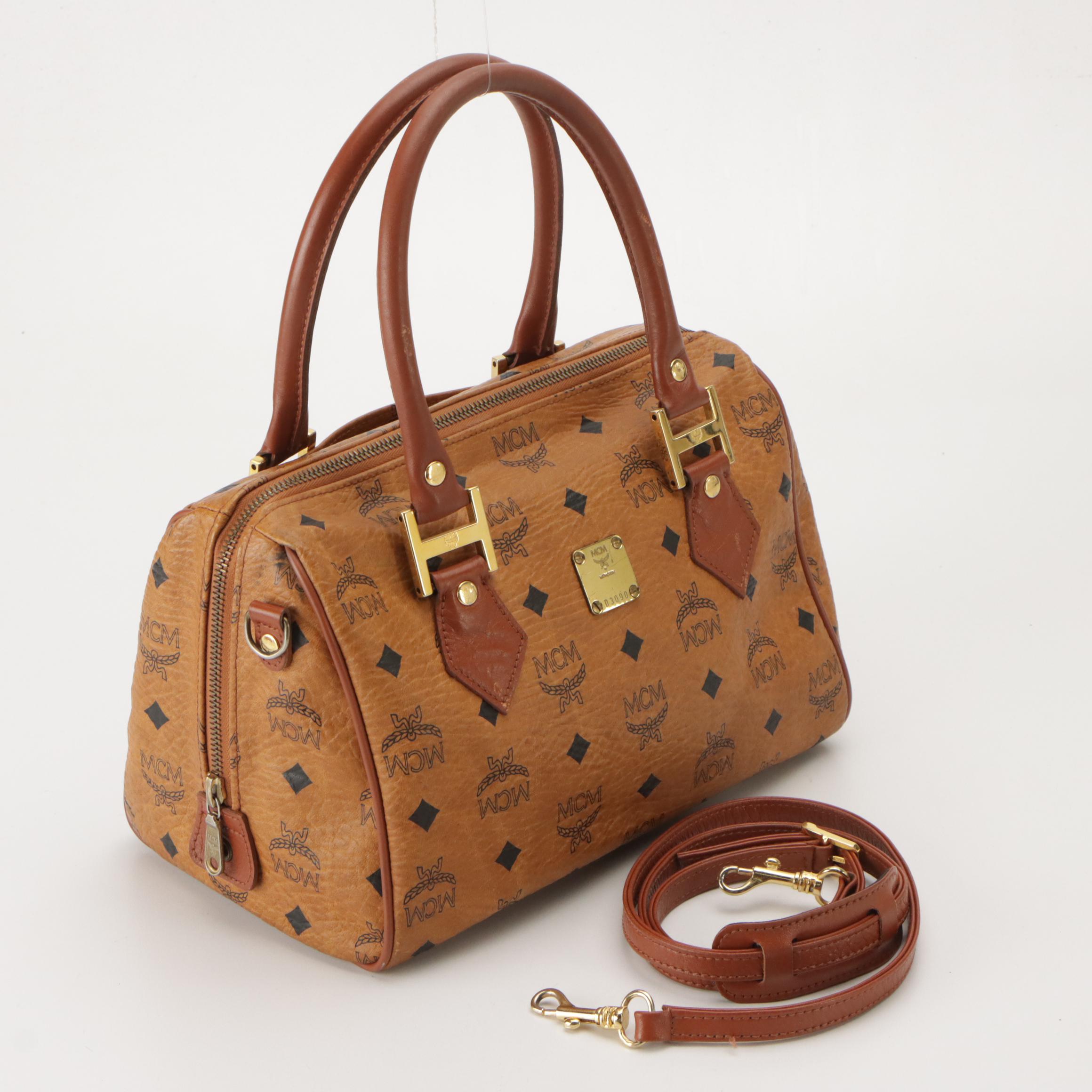 MCM Satchel in Cognac Visetos Canvas with Leather Trim