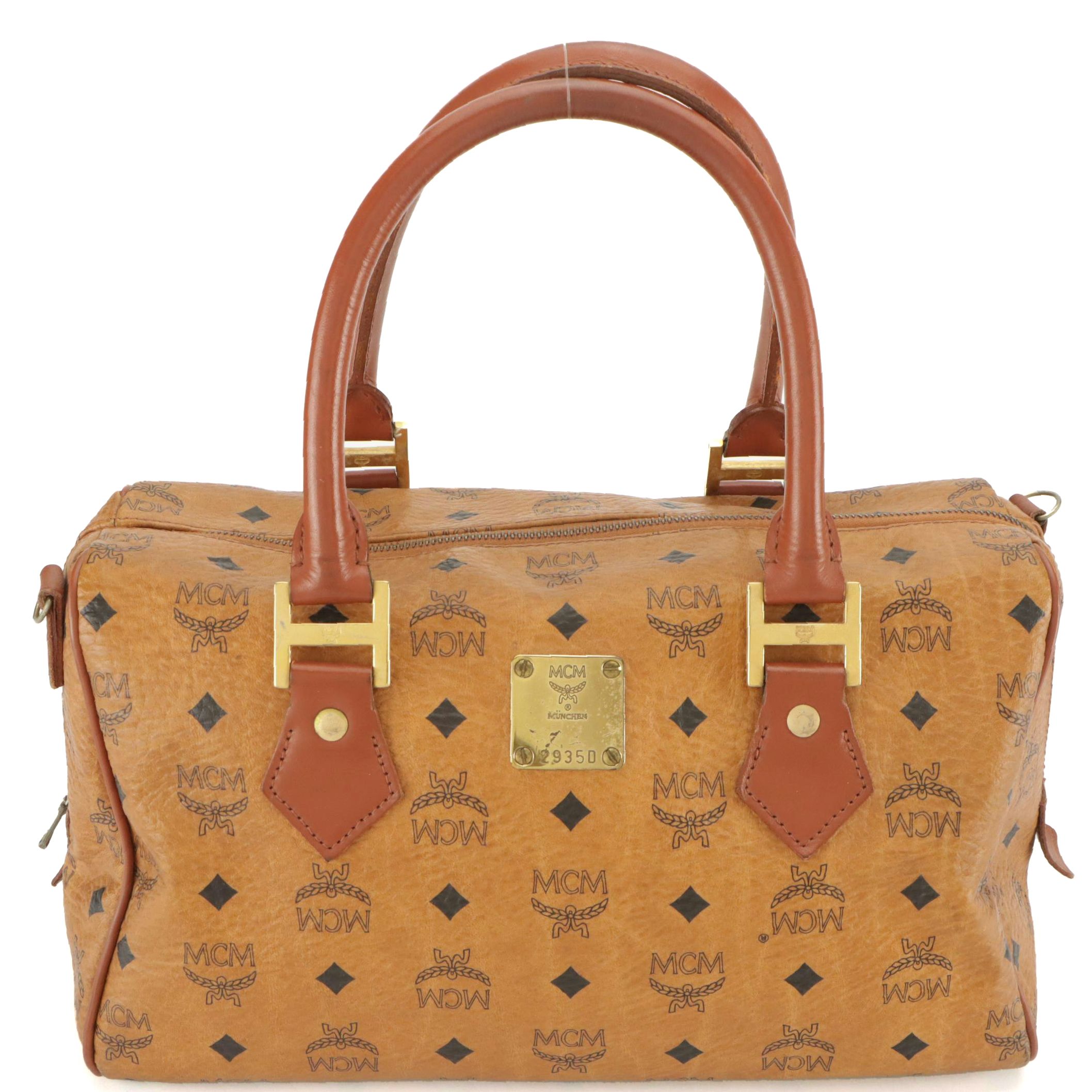 MCM East-West Satchel in Cognac Visetos Canvas with Leather Trim
