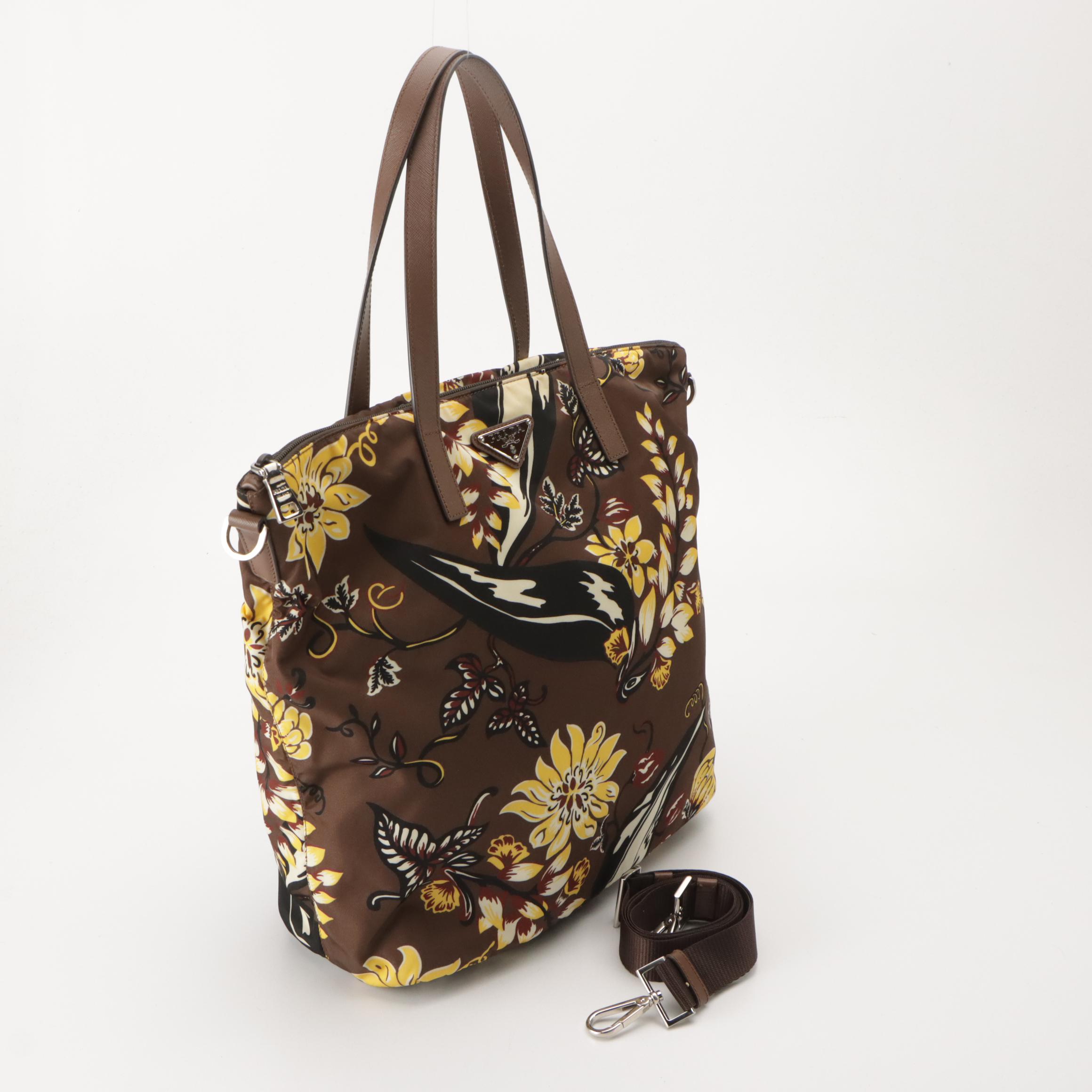 Prada Two-Way Zip Tote in Brown Floral Print Tessuto Nylon and Leather Trim