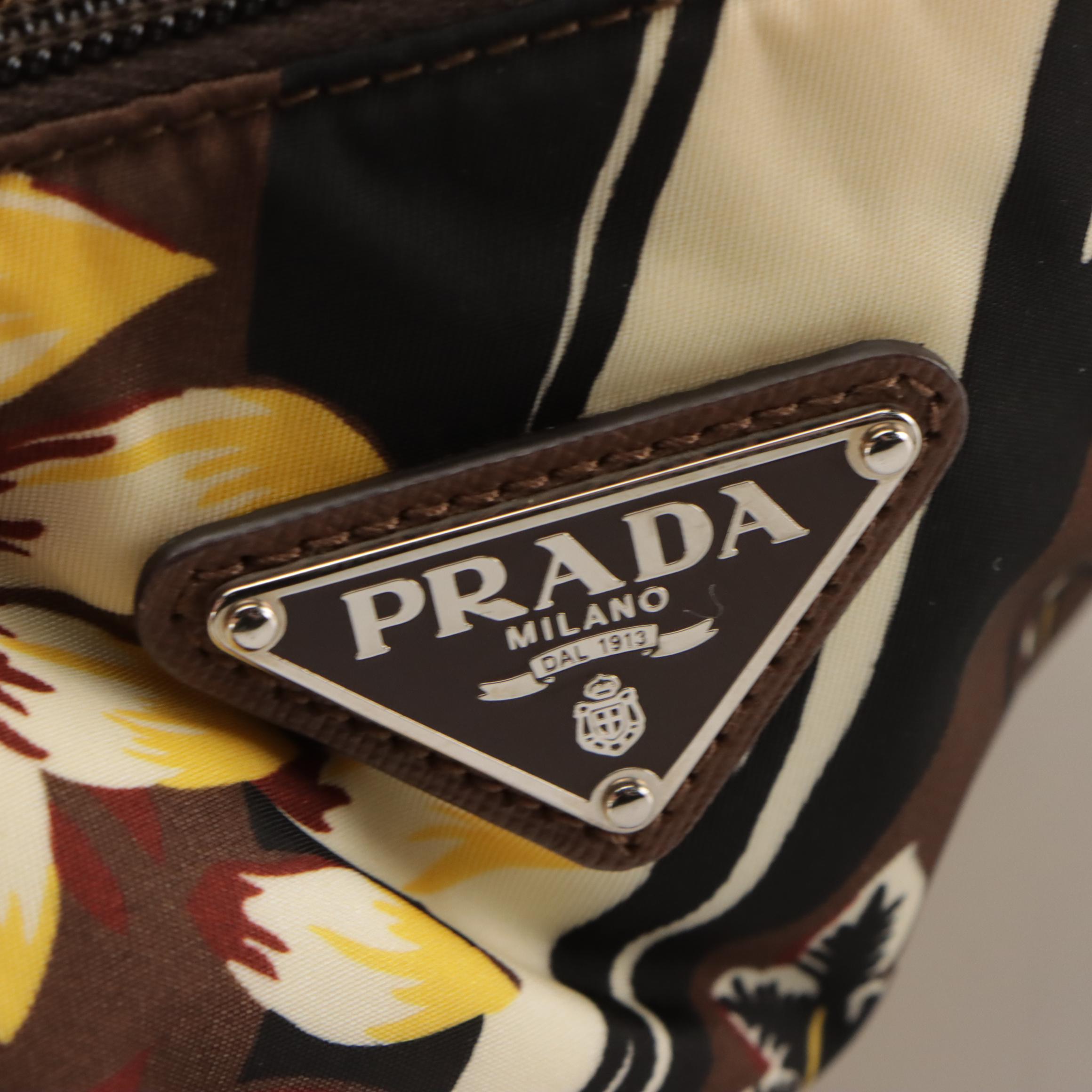 Prada Two-Way Zip Tote in Brown Floral Print Tessuto Nylon and Leather Trim