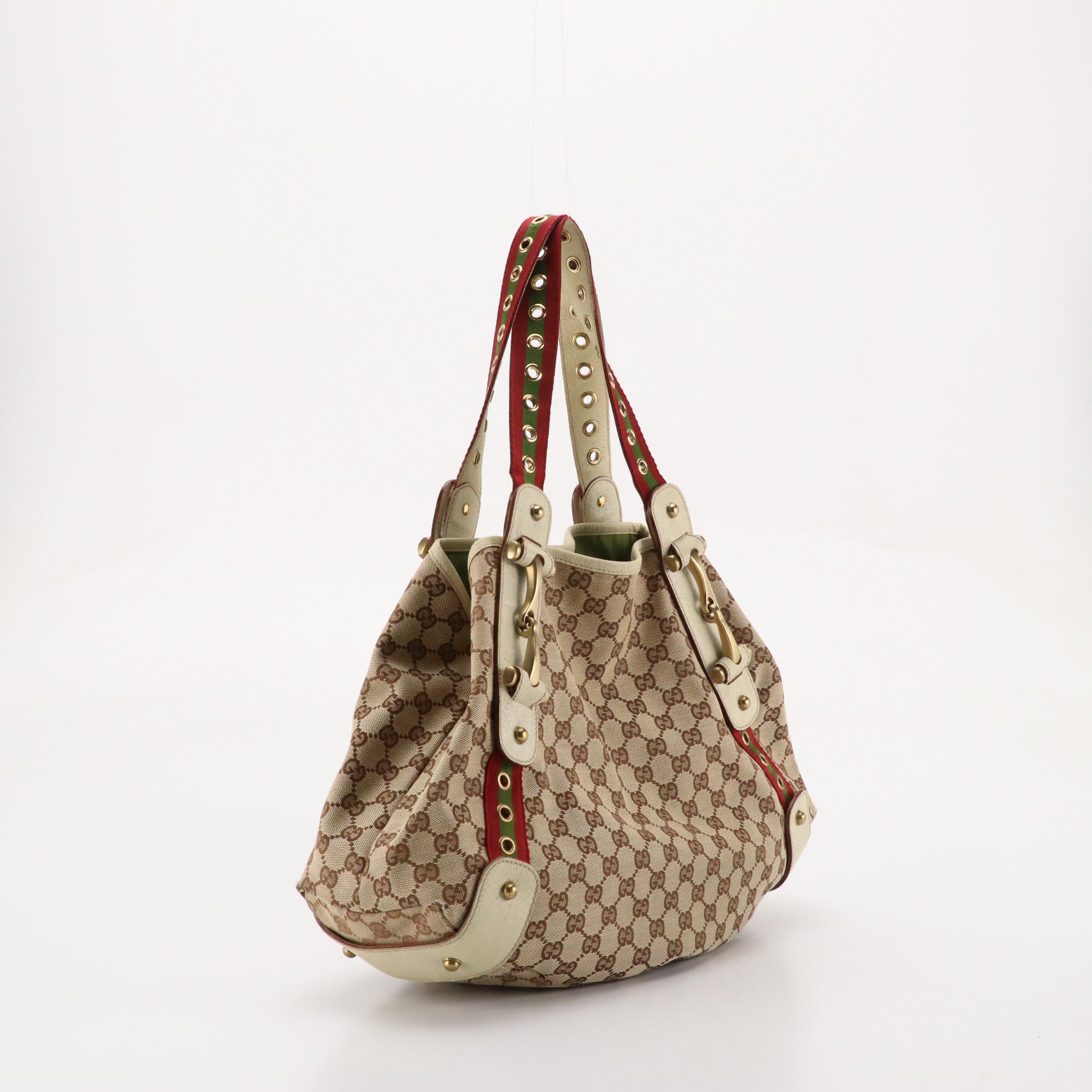 Gucci Grommet Embellished Web Strap Hobo Bag in GG Canvas and Cinghiale Leather