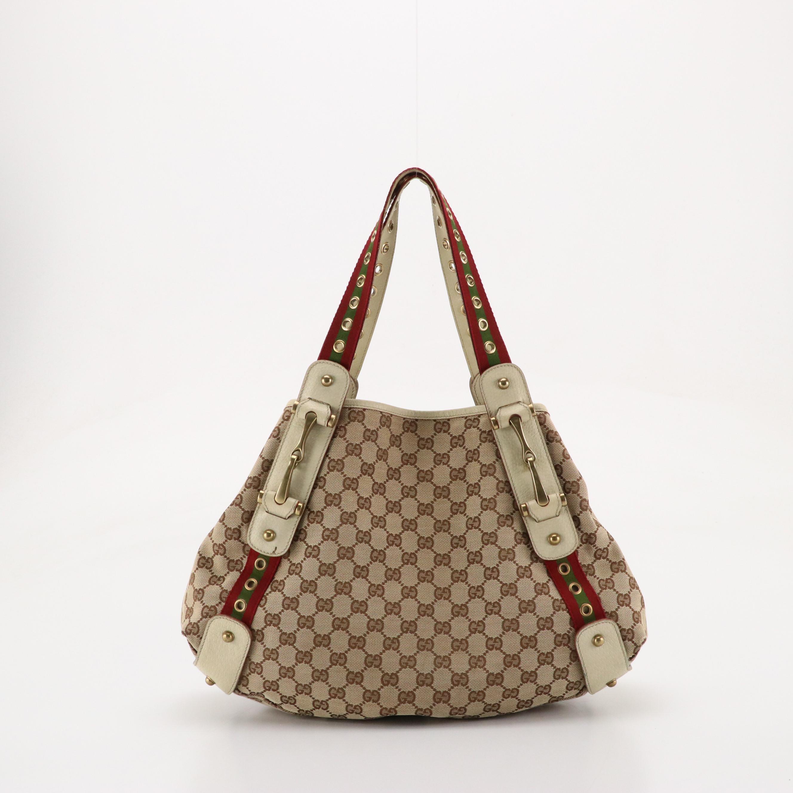 Gucci Grommet Embellished Web Strap Hobo Bag in GG Canvas and Cinghiale Leather