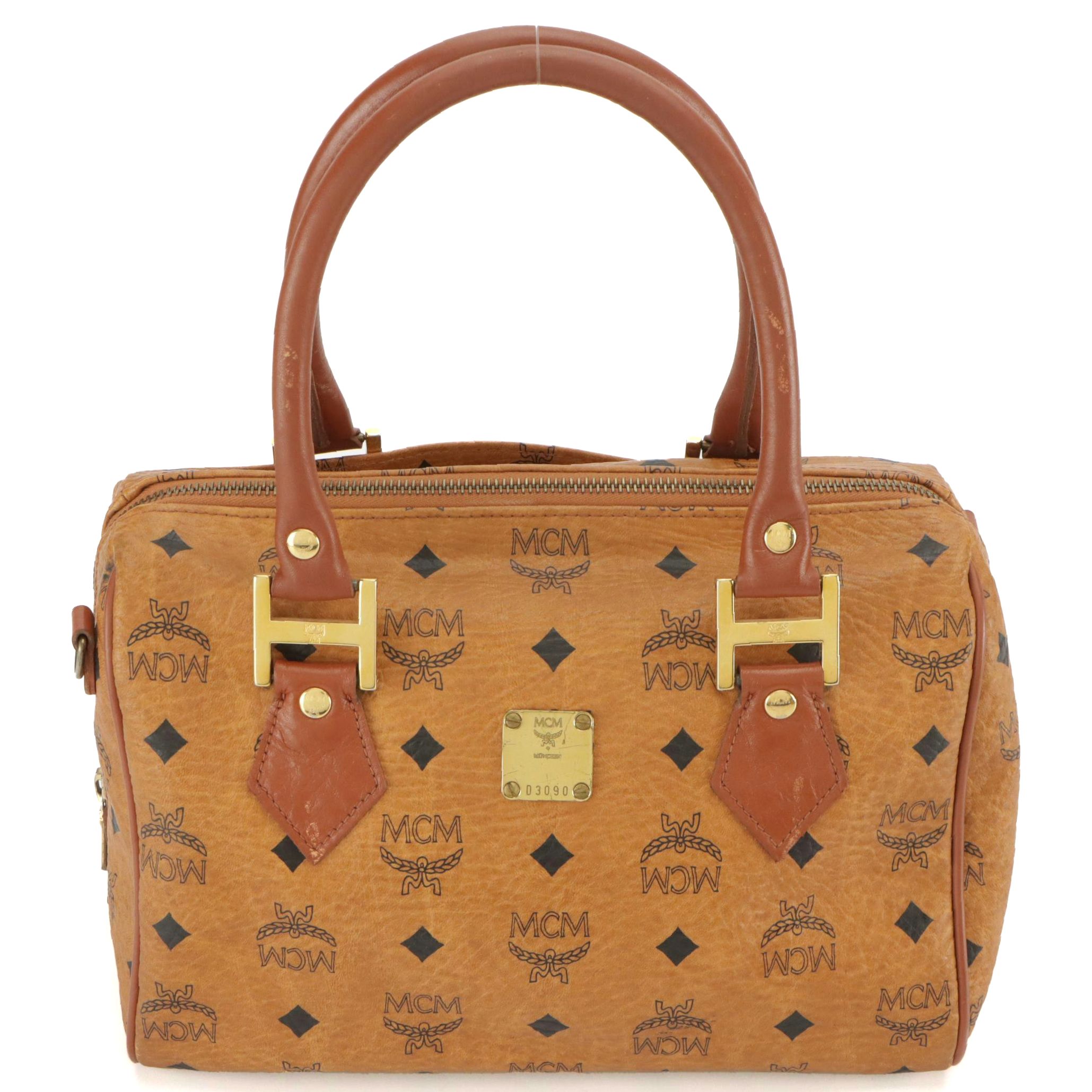 MCM Satchel in Cognac Visetos Canvas with Leather Trim