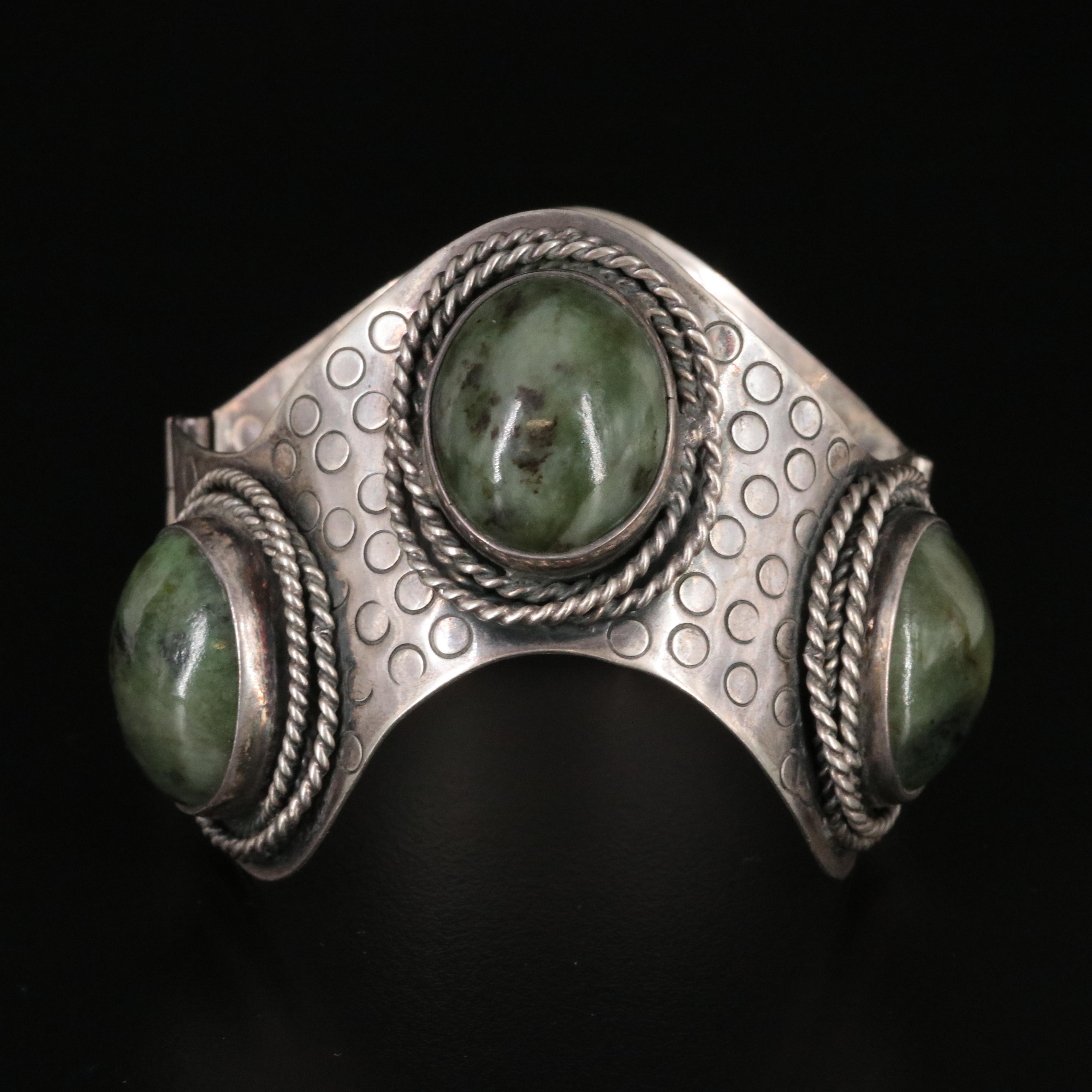 Polish Orno Nephrite Bezel Set Textured Hinged Wavy Bracelet