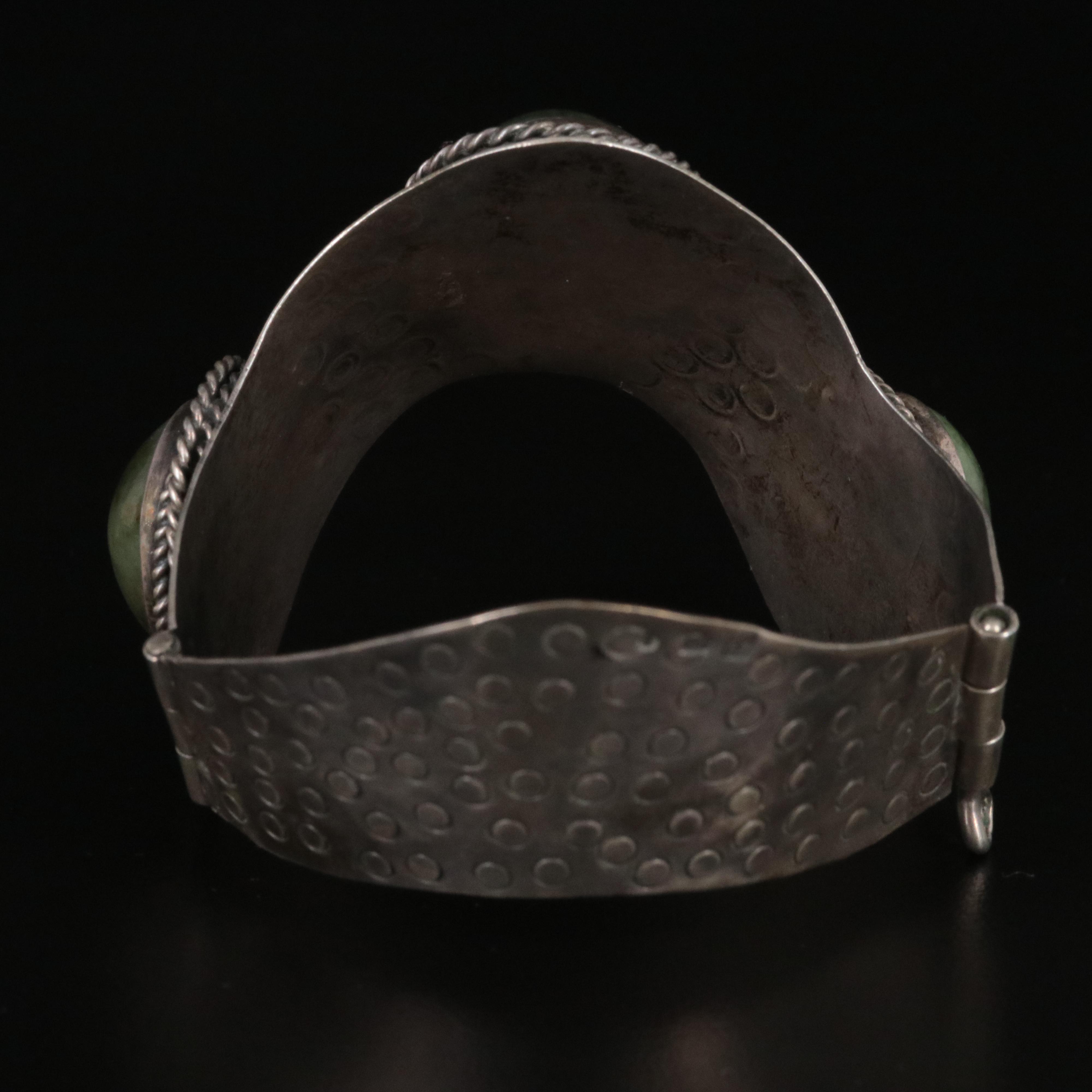 Polish Orno Nephrite Bezel Set Textured Hinged Wavy Bracelet