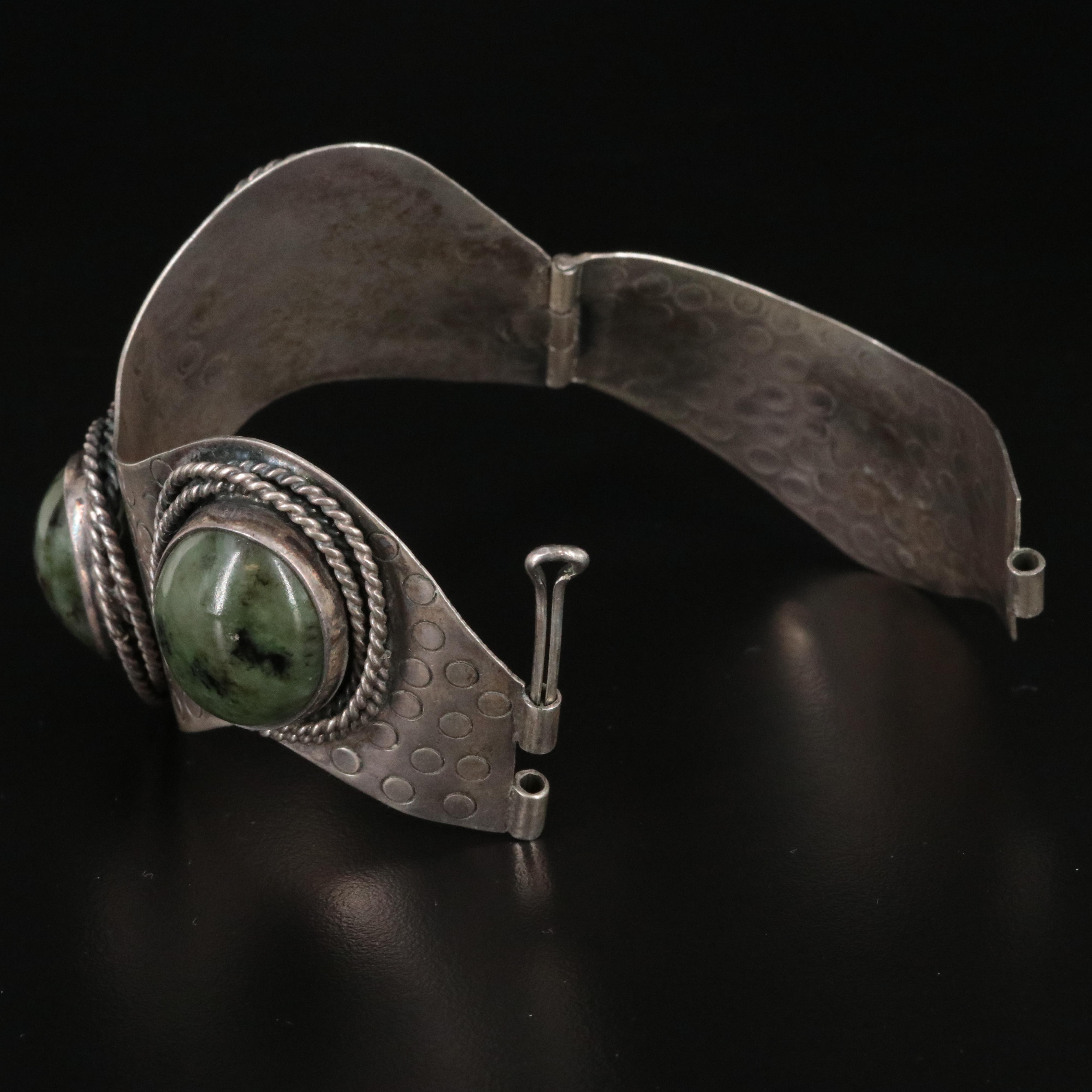 Polish Orno Nephrite Bezel Set Textured Hinged Wavy Bracelet