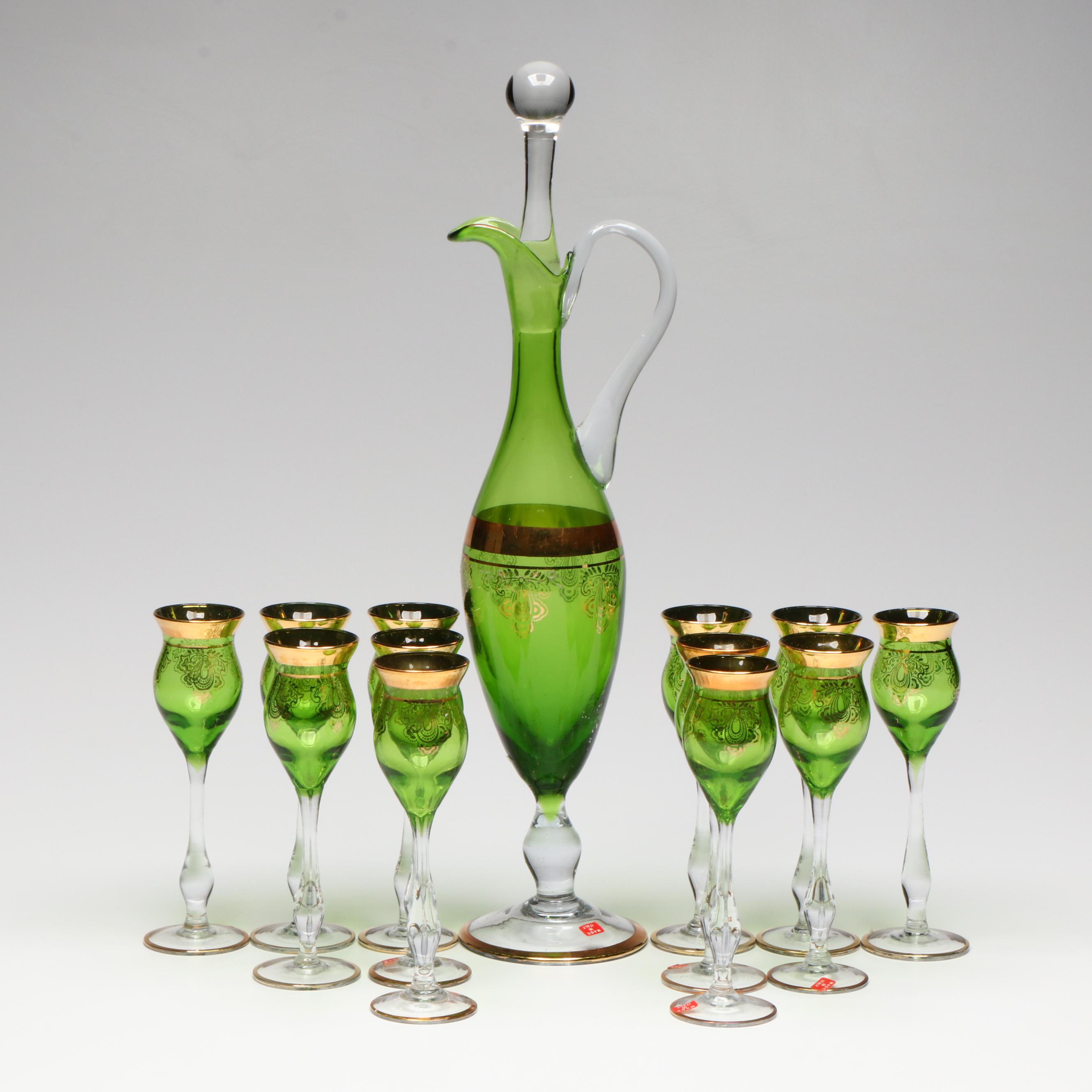 Murano Gilt Green Glass Carafe with Stemmed Cordials