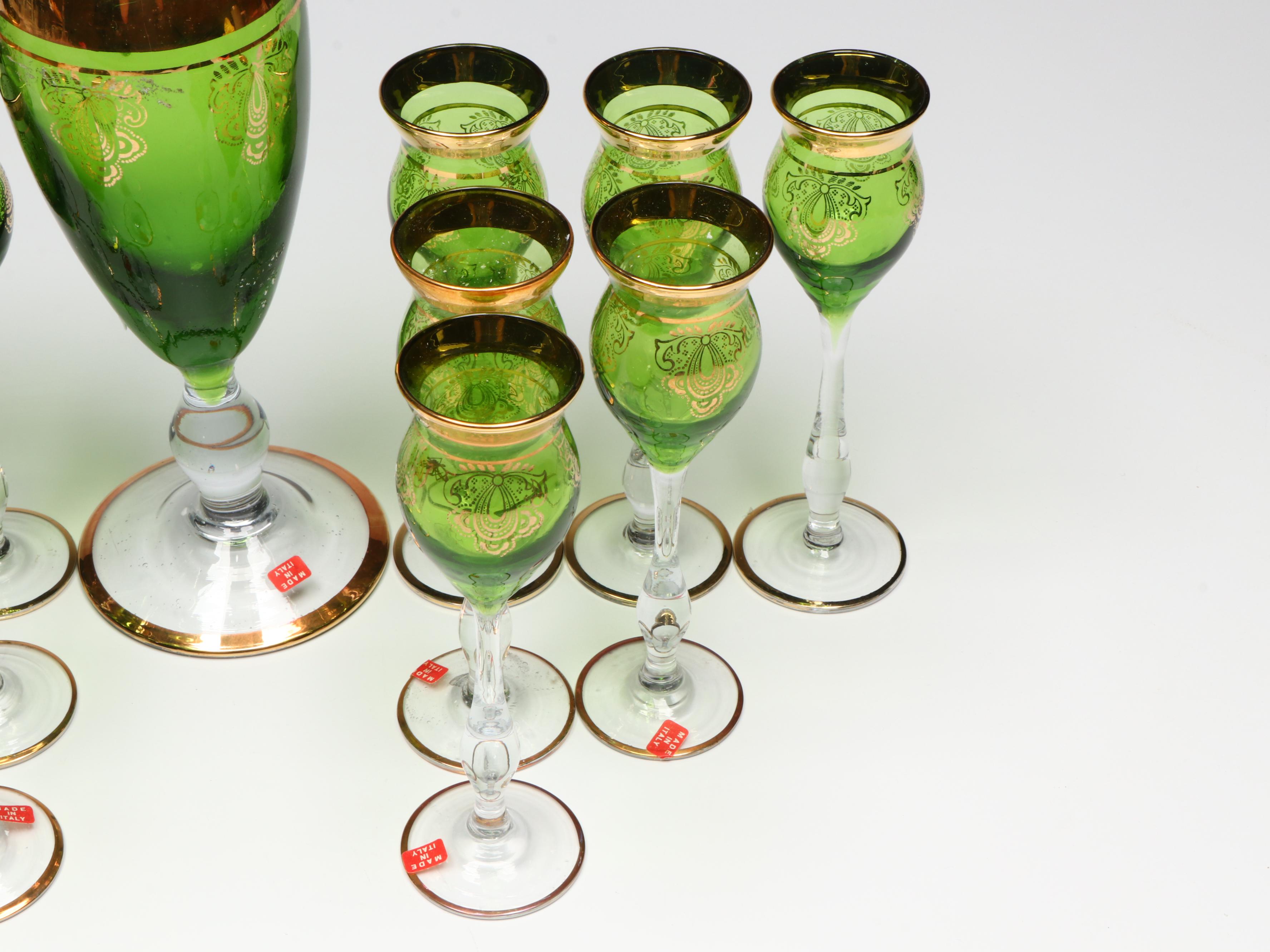 Murano Gilt Green Glass Carafe with Stemmed Cordials