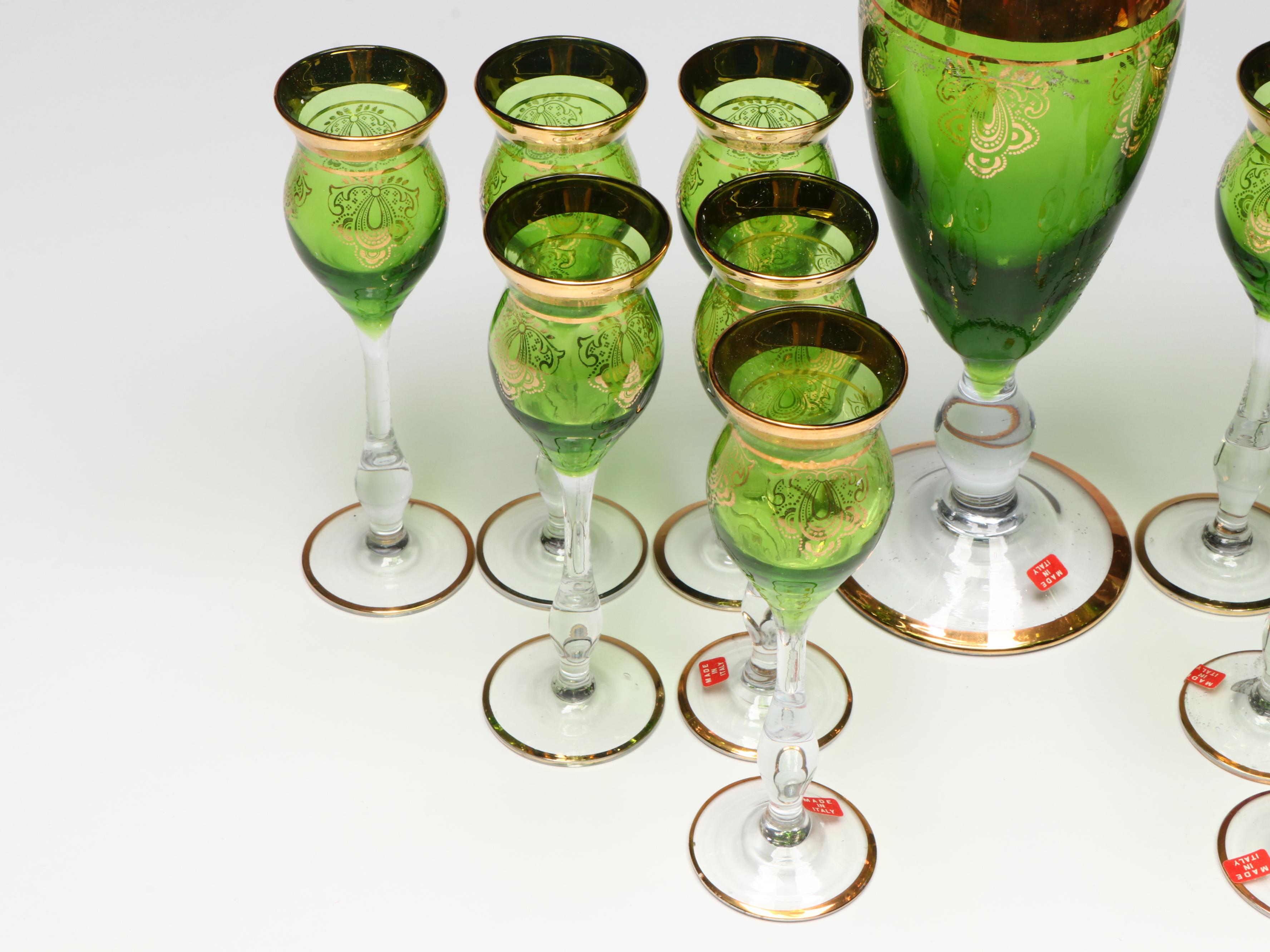 Murano Gilt Green Glass Carafe with Stemmed Cordials