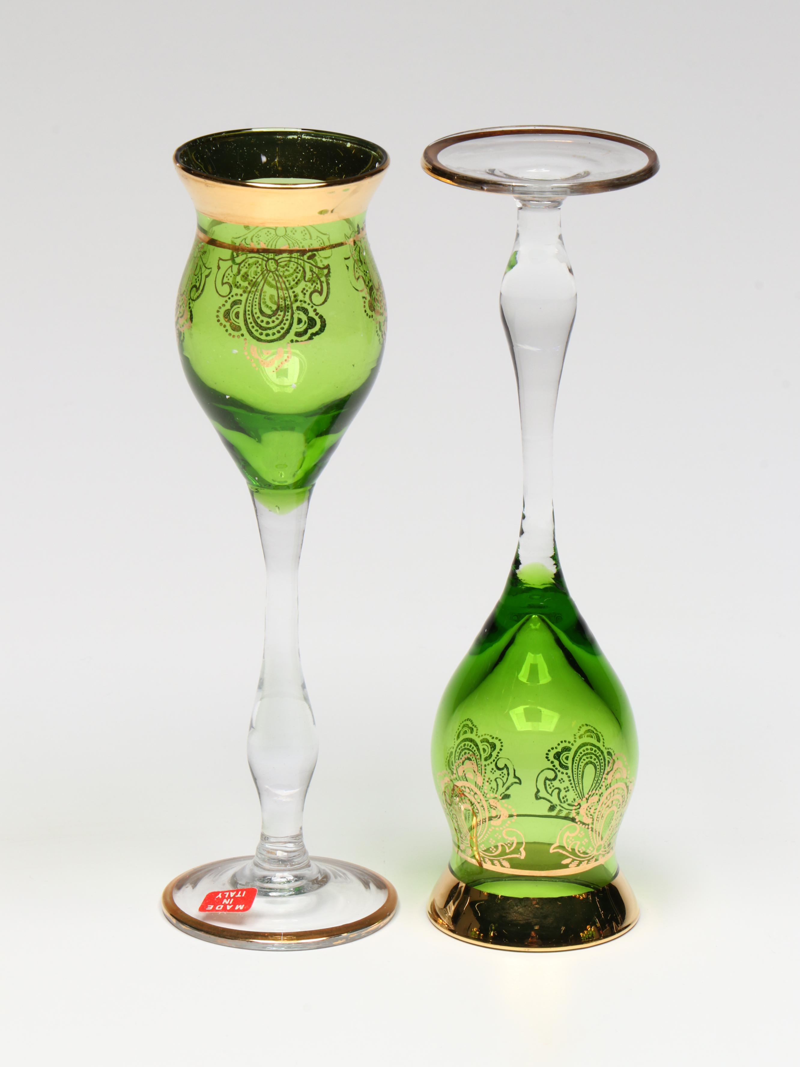 Murano Gilt Green Glass Carafe with Stemmed Cordials