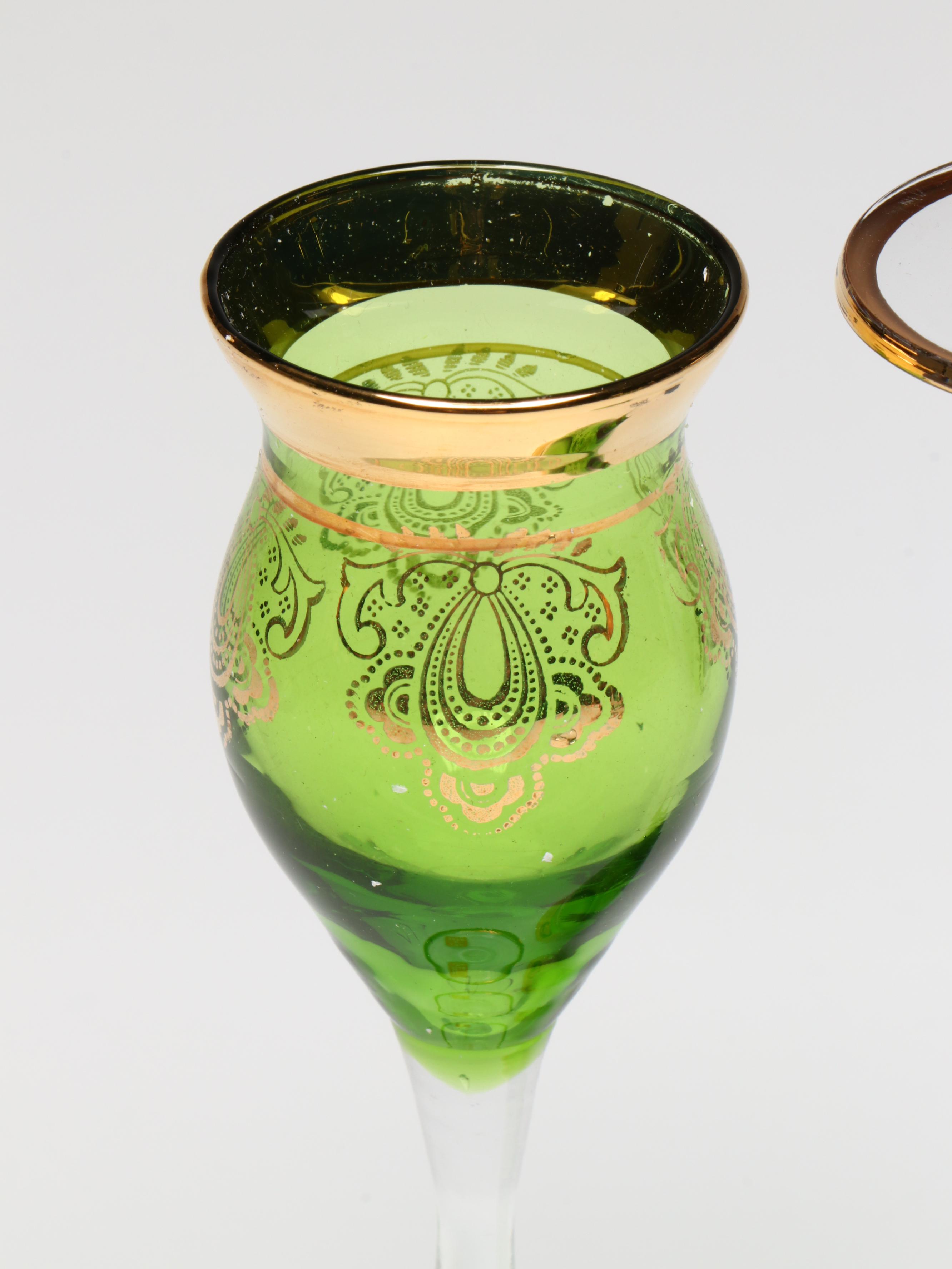 Murano Gilt Green Glass Carafe with Stemmed Cordials
