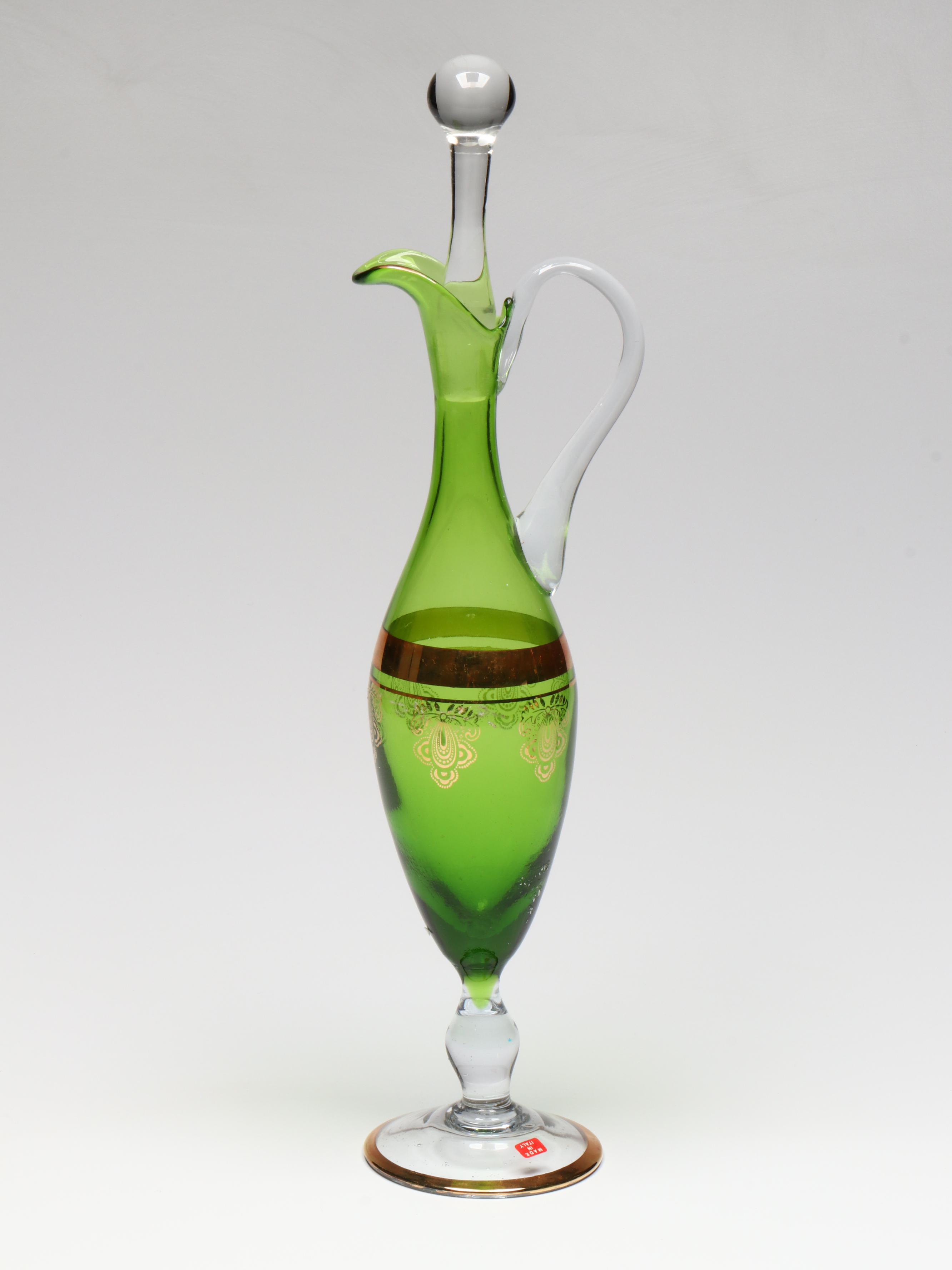 Murano Gilt Green Glass Carafe with Stemmed Cordials