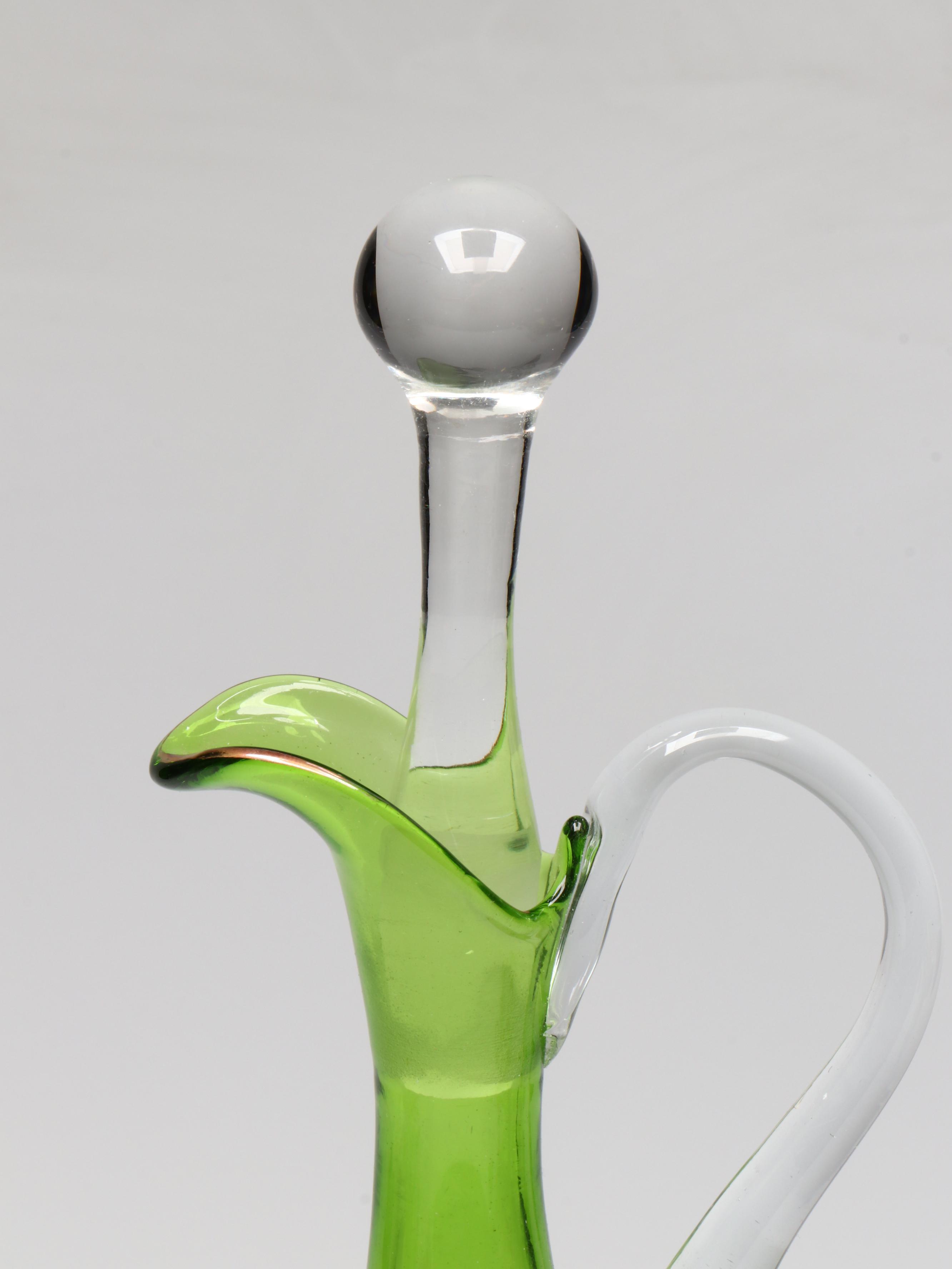 Murano Gilt Green Glass Carafe with Stemmed Cordials