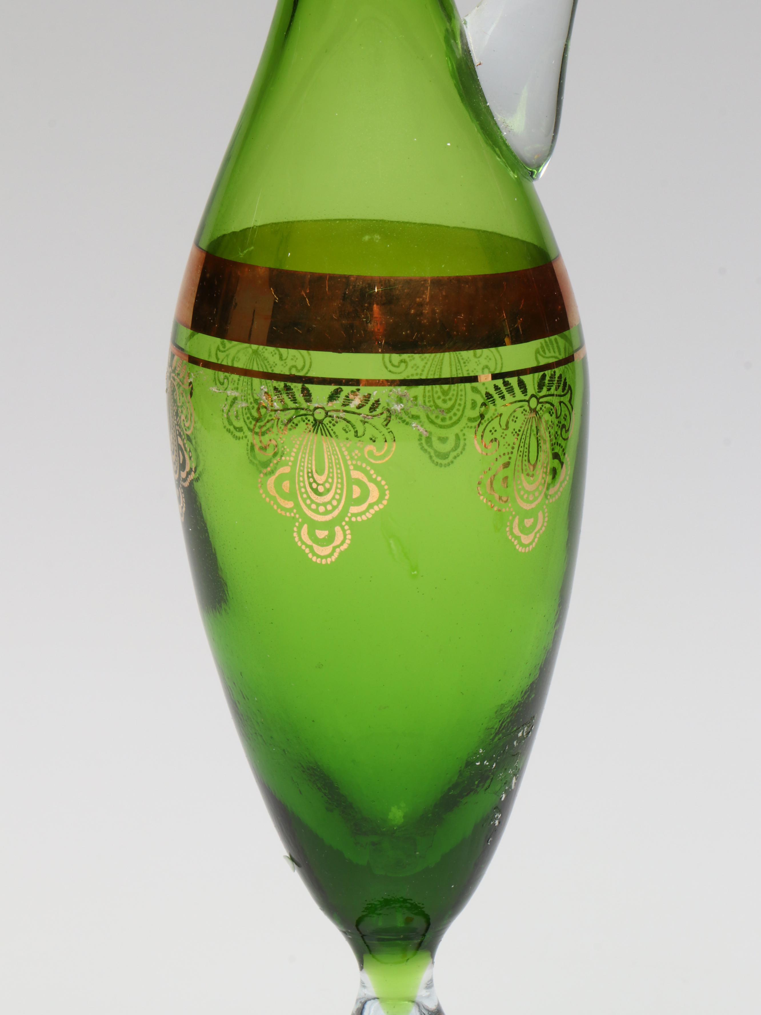 Murano Gilt Green Glass Carafe with Stemmed Cordials