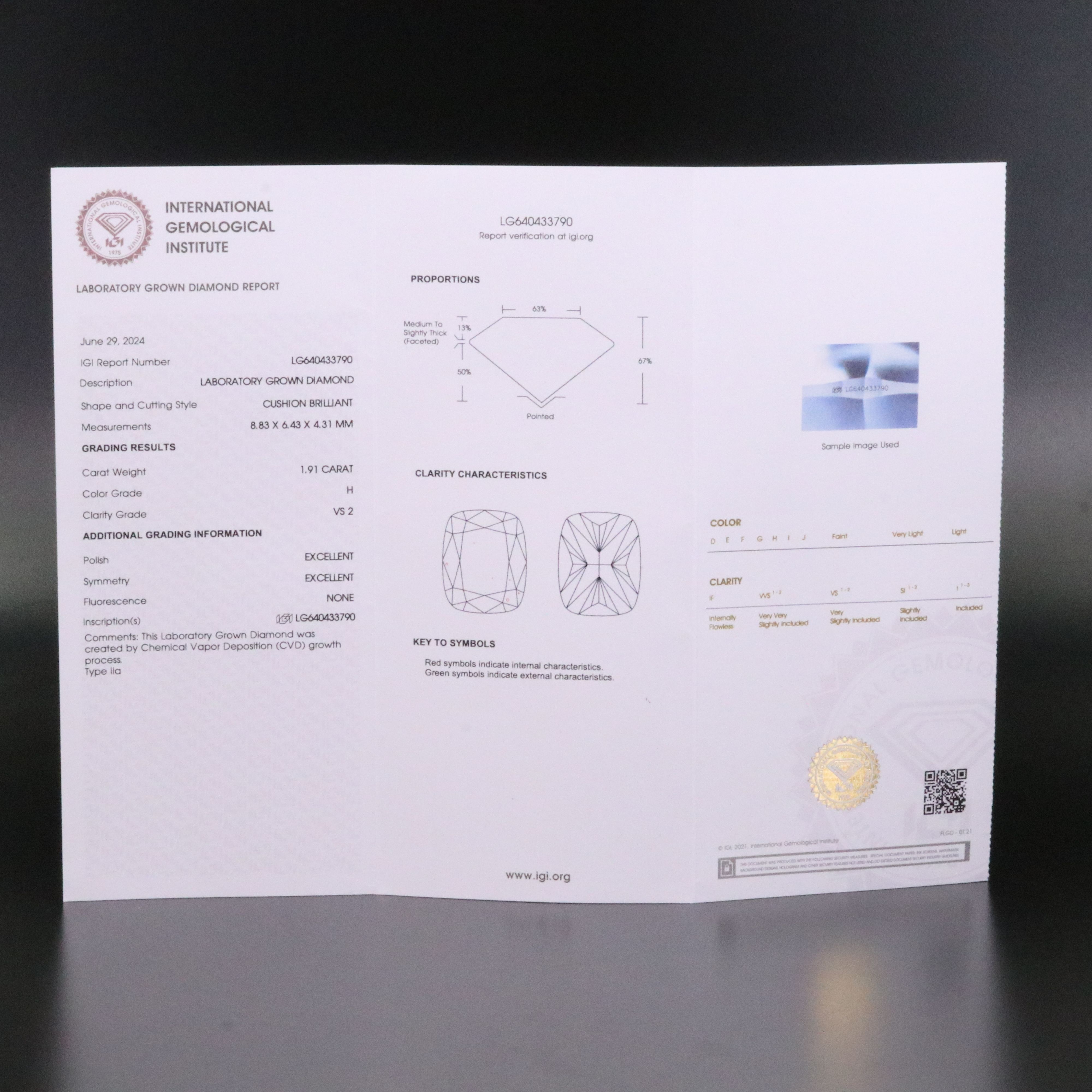 Loose 1.91 CT Lab Grown Diamond with IGI Report